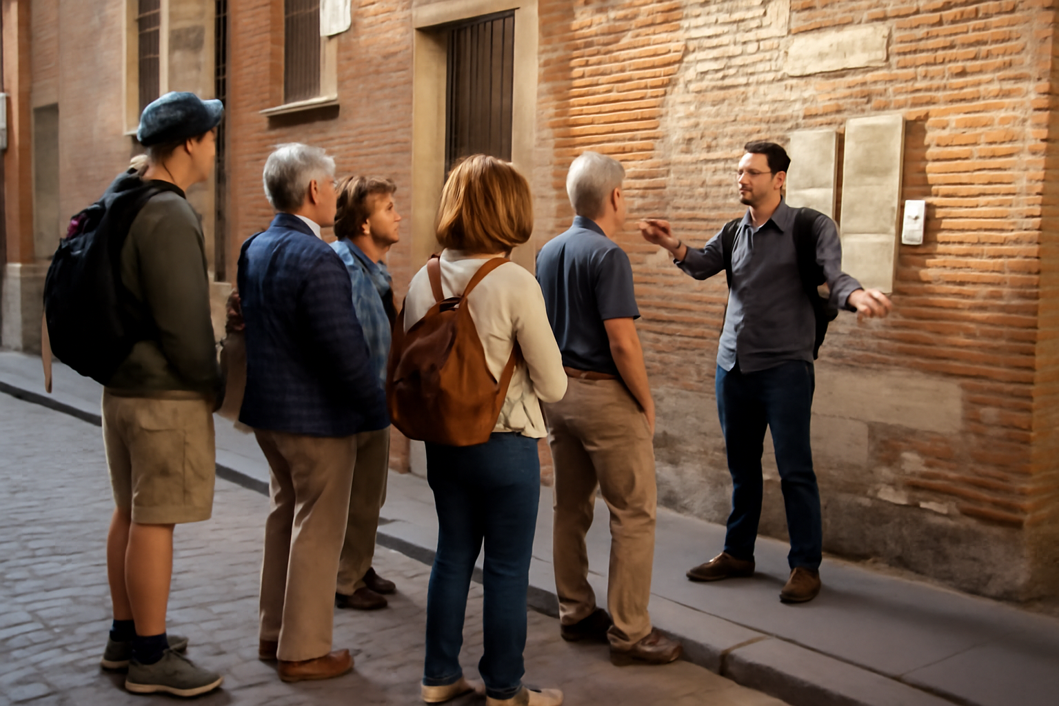Façade patrimoniale toulousaine lors des visites de la journée du patrimoine 2025 Toulouse, public en tenue de marche et guide