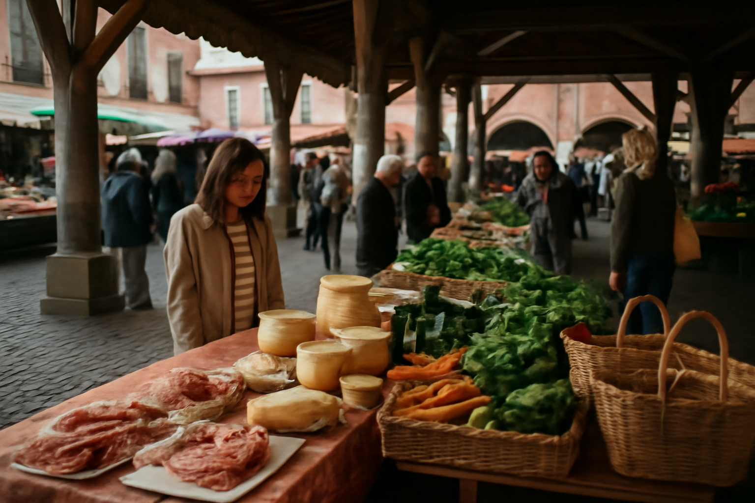 marche de revel à Revel le samedi matin, étals de charcuterie et fromages sur la place centrale
