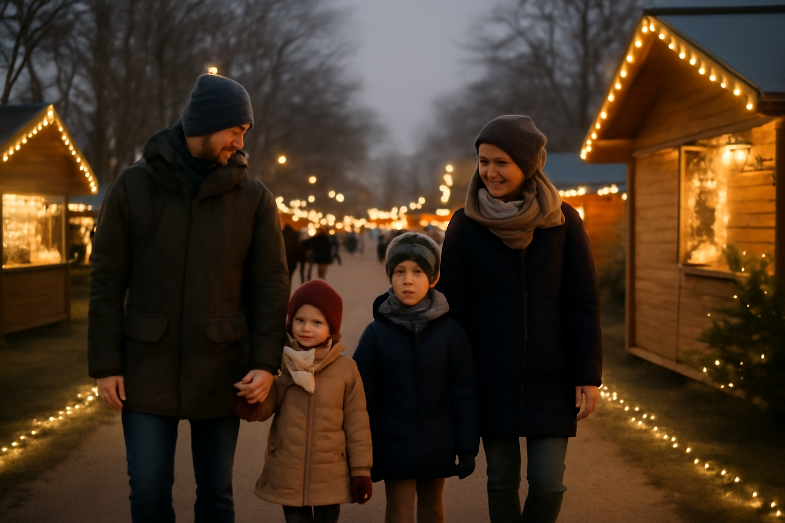 Marché de Noël Blagnac au Parc des Ramiers, chalets illuminés et famille en soirée