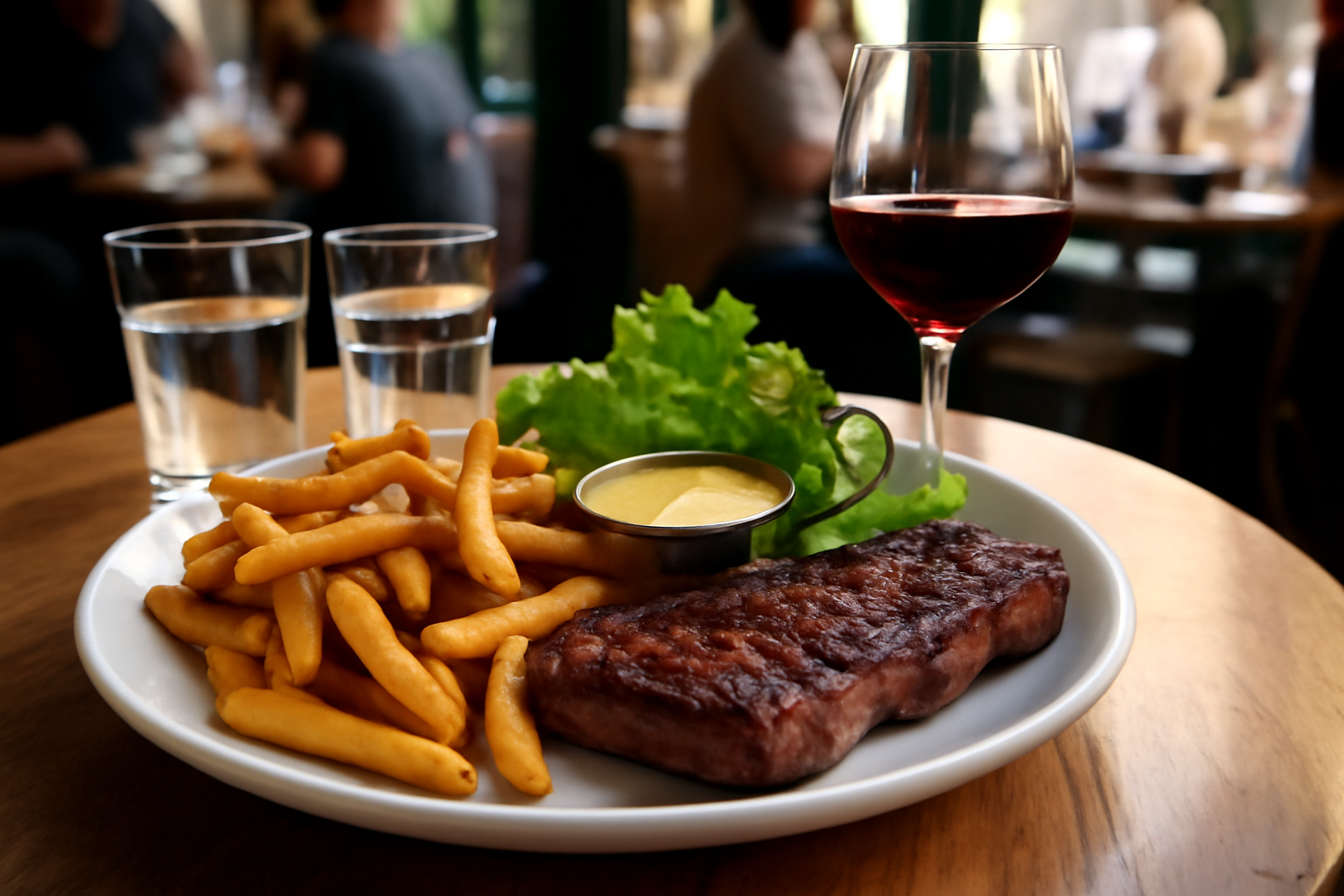 menu de lentrecôte : assiette de bœuf grillé avec frites maison et salade à Toulouse, lumière de fin d’après-midi