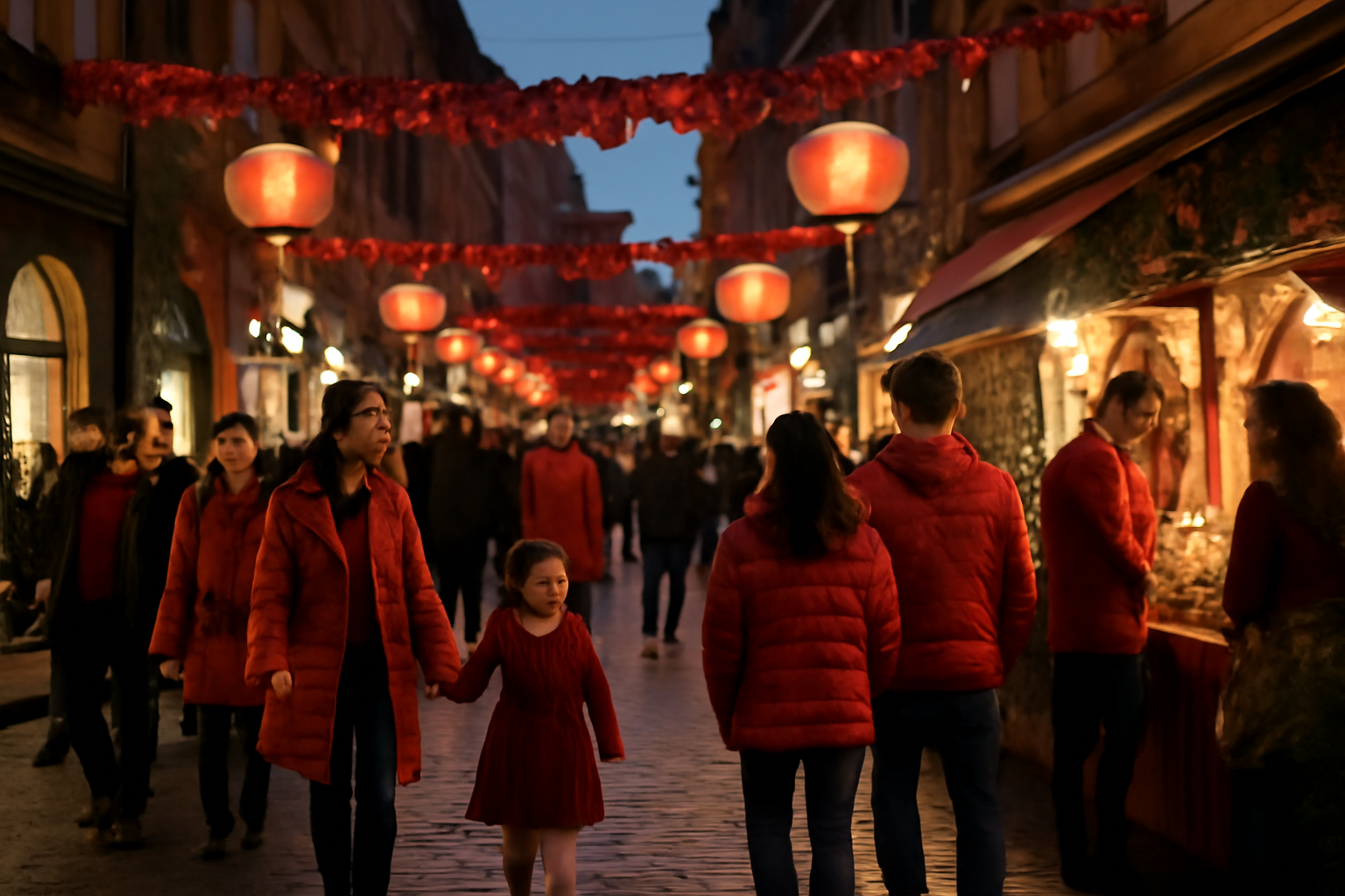 Nouvelle an chinois à Toulouse : lanternes et décorations dans une rue commerçante, lumière du soir