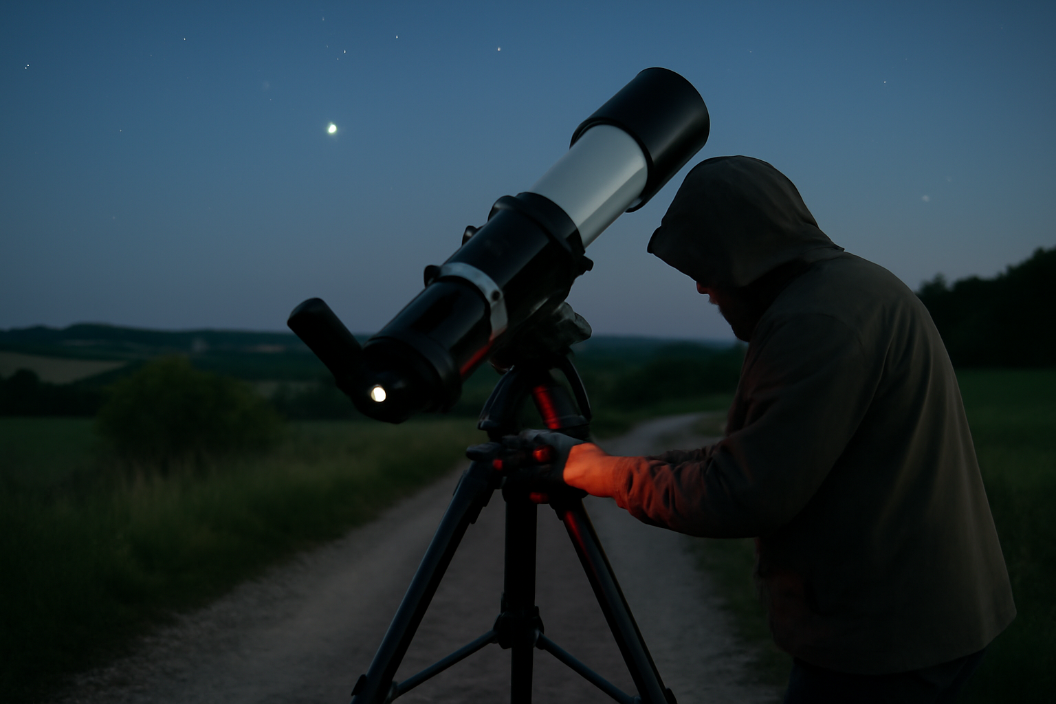 photo jupiter prise au télescope depuis l'Occitanie, ciel nocturne et trépied près d'une route de campagne