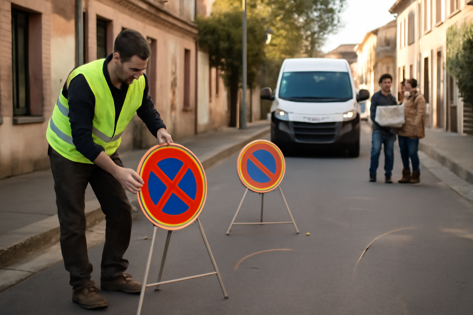Pose de panneaux de stationnement à Toulouse devant un immeuble, avec agent et ruban de repérage