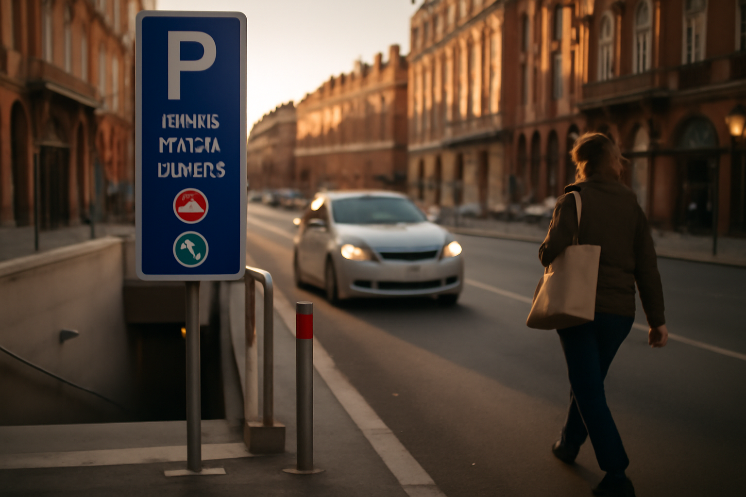 Entrée d'un parking près de la place du Capitole à Toulouse, voiture et signalétique au crépuscule