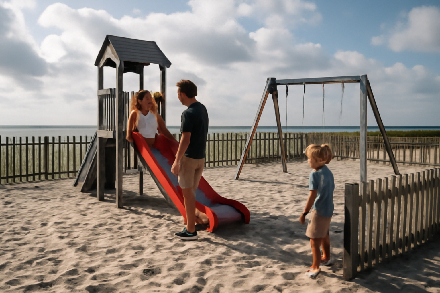 Aire de jeux Adrienne Bolland au Crotoy face à la plage, enfants jouant près du littoral