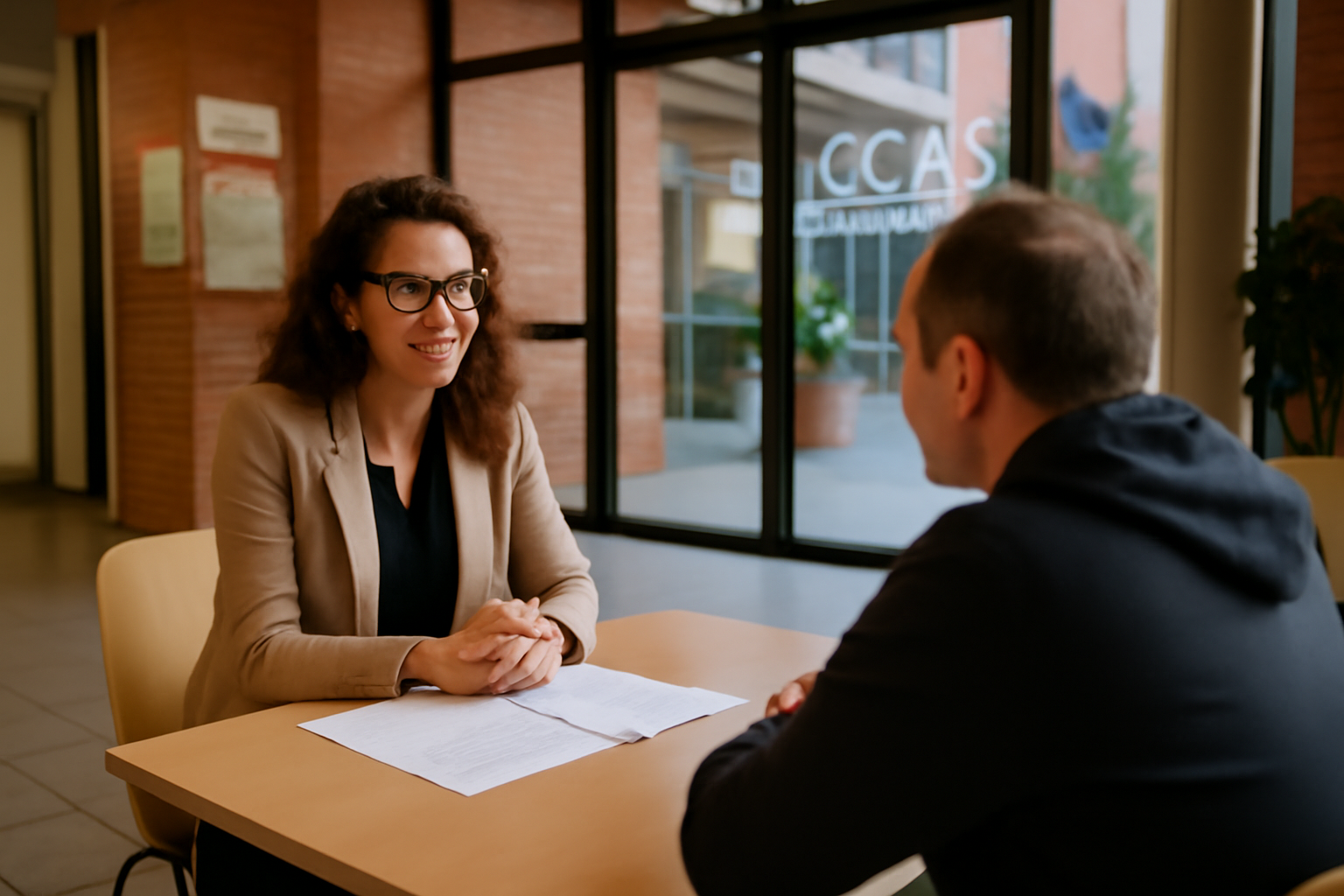 Accueil d’un CCAS à Toulouse avec une assistante sociale et un habitant échangeant sur un dossier, lumière de fin d’après-midi