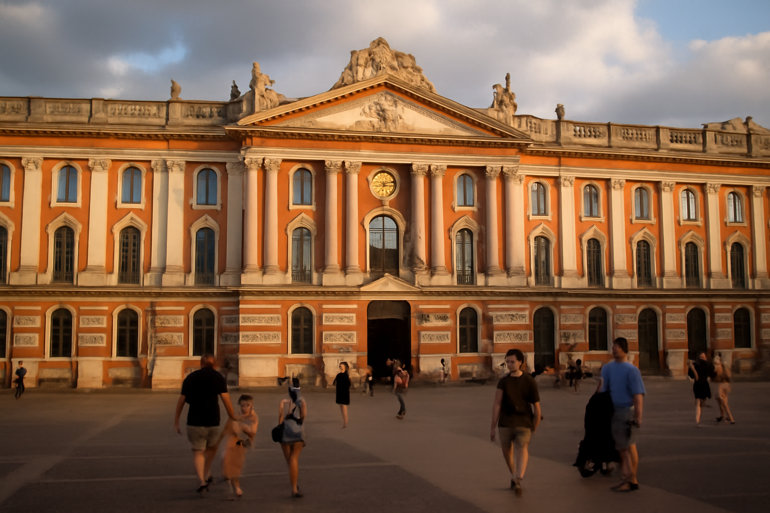 Capitolio de toulouse sur la place du Capitole à Toulouse, façade du bâtiment et visiteurs par une lumière de fin d’après-midi