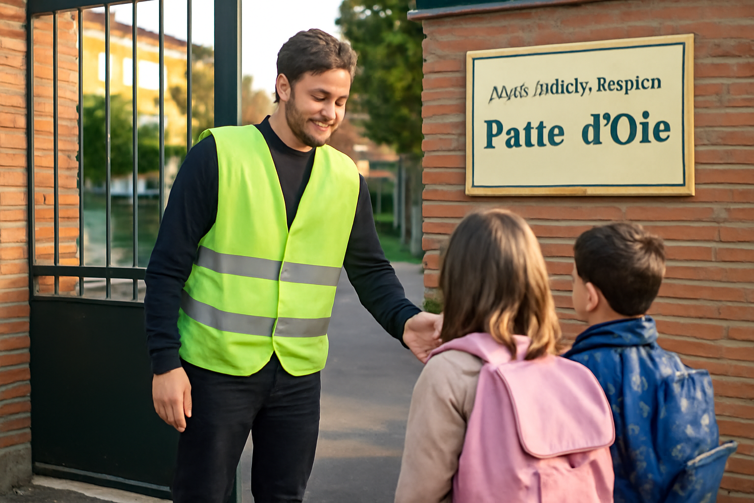 Enfant devant une entrée d’école à Toulouse, avec un panneau « Patte d’Oie » et un adulte encadrant, lumière de matin