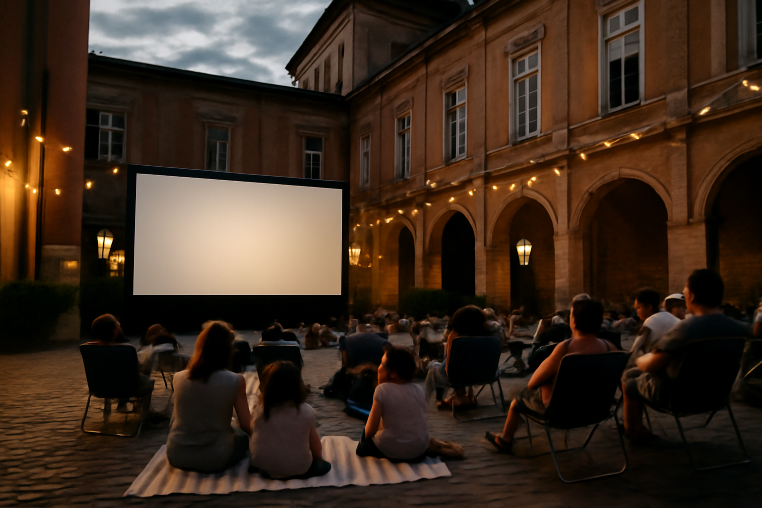 Cinéma en plein air à Toulouse, projection en soirée dans une cour historique