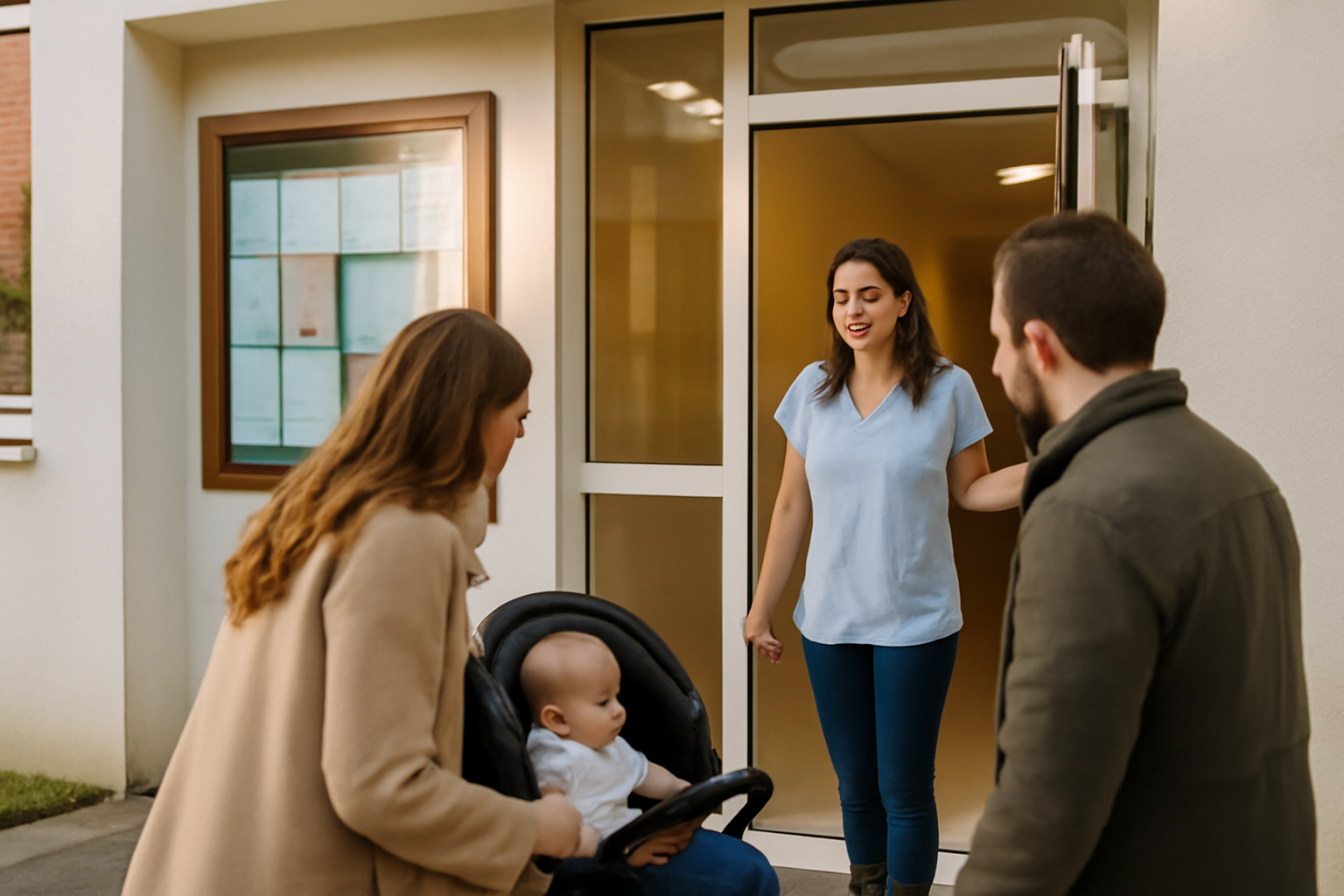 Crèche collective à Toulouse : entrée d’une structure d’accueil du jeune enfant, parents et professionnels