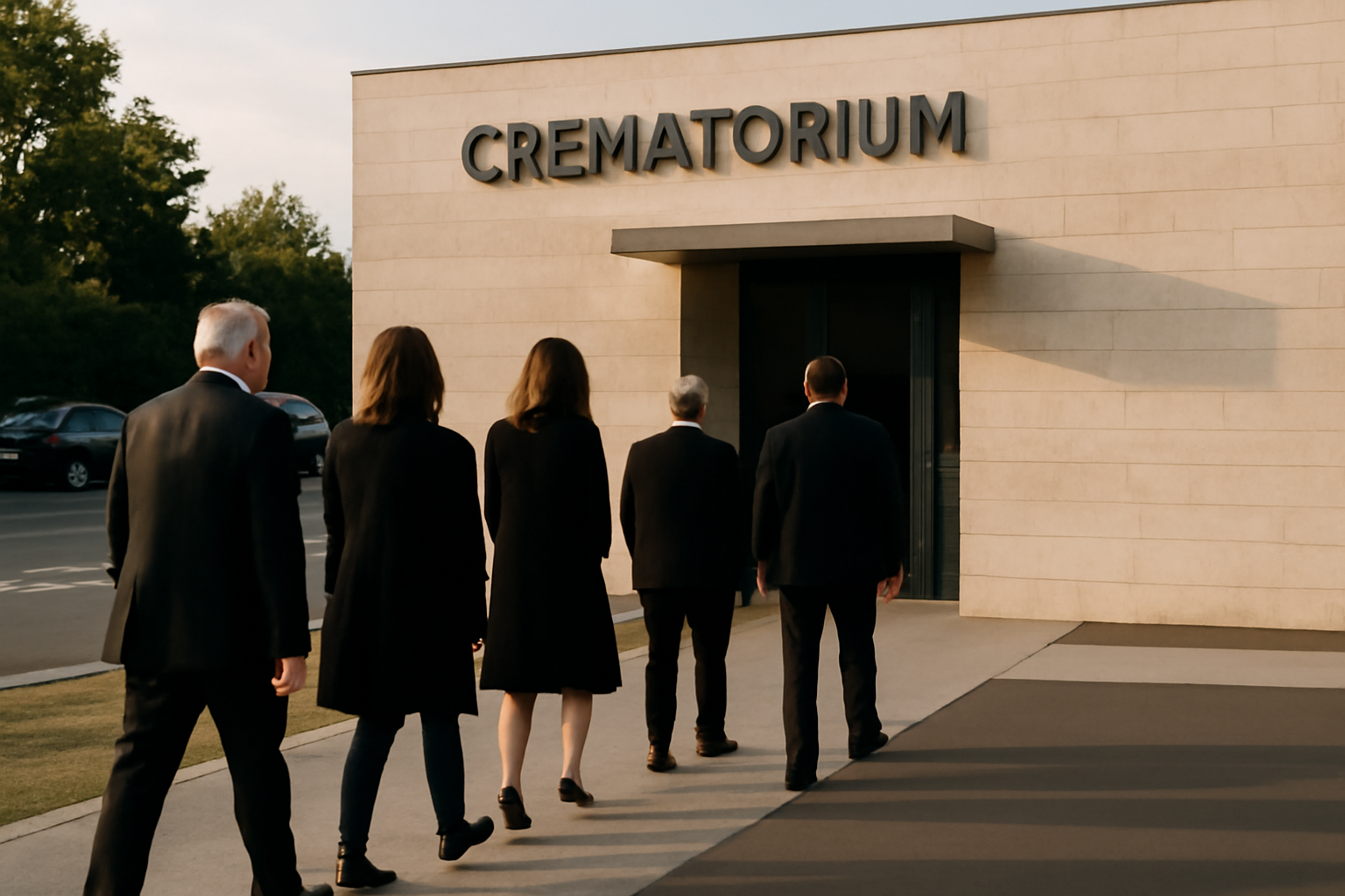 Entrée d’un crématorium à Toulouse avec signalétique et proches attendant l’accueil