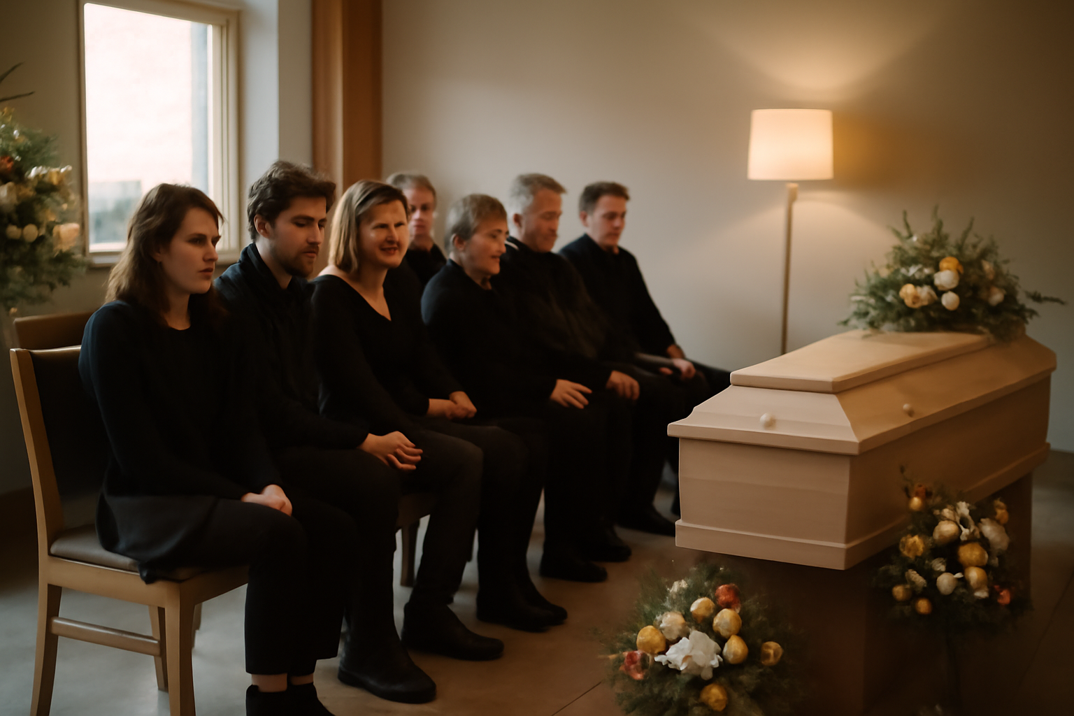 Salle de recueillement au crématorium à Toulouse avec proches assis et bougies ou décoration florale sobre