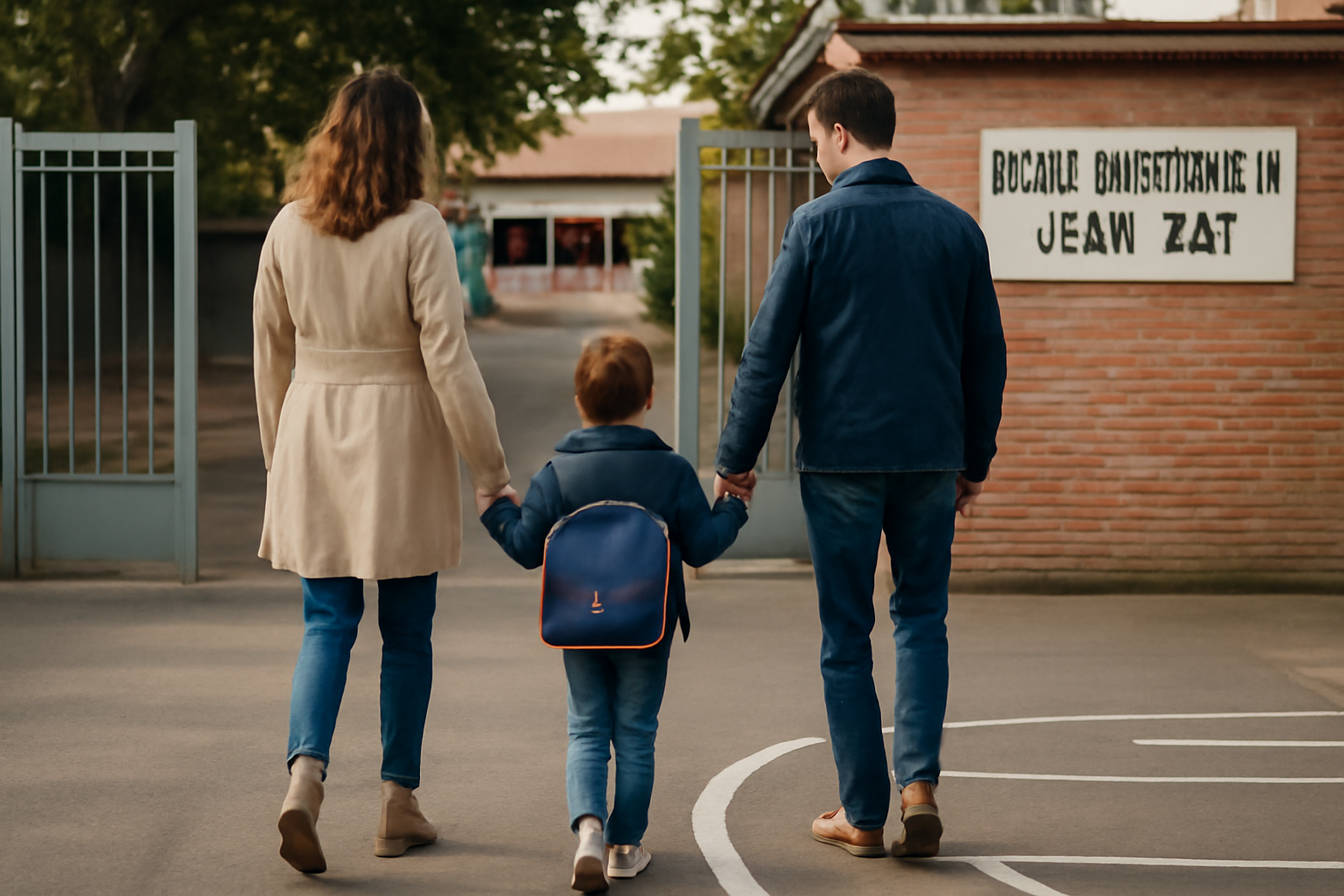 Façade d’une école maternelle à Toulouse, panneau “Jean Zay”, entrée avec parents et enfants, lumière de matin