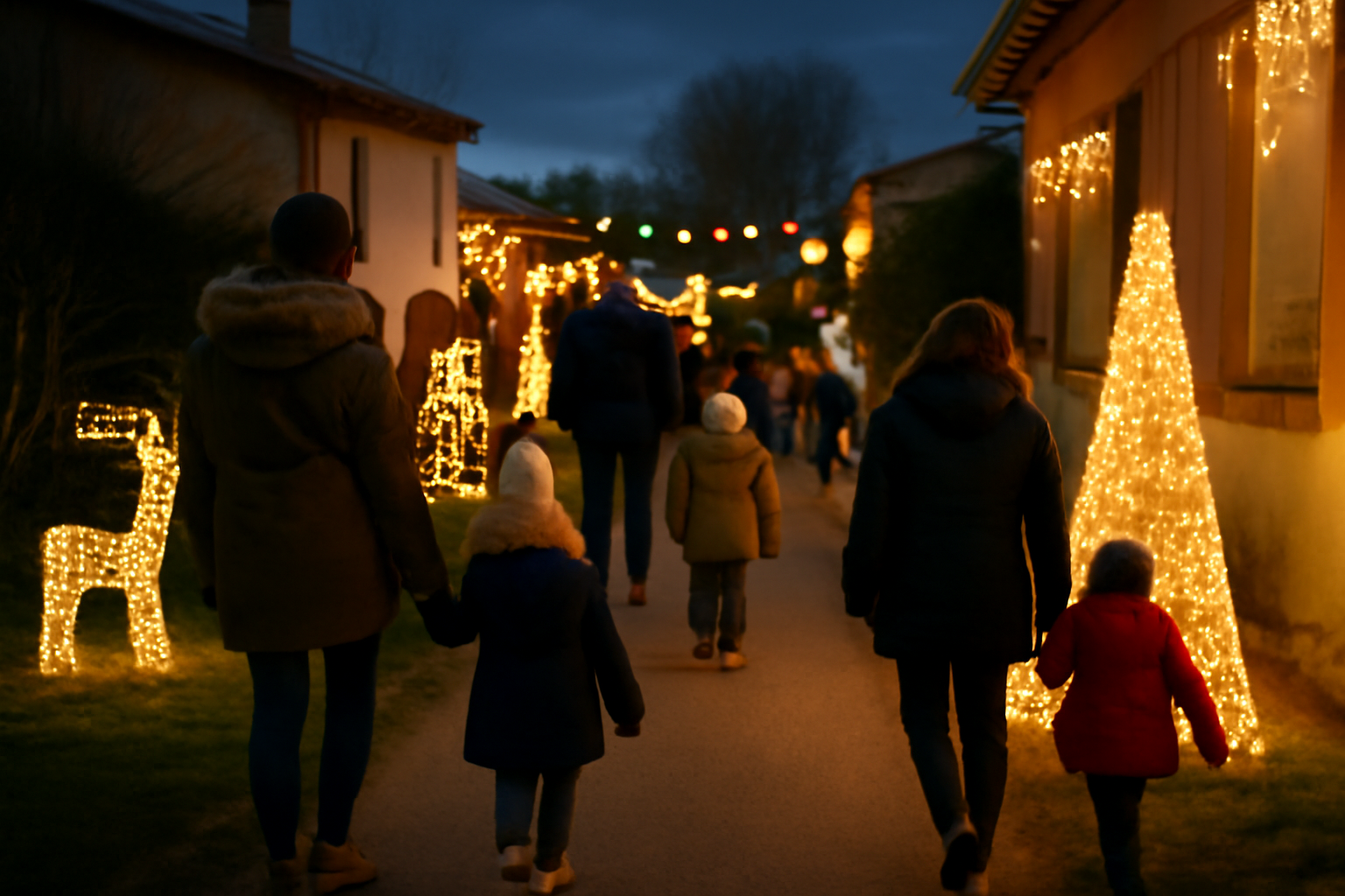 Balade en soirée dans la forêt enchantée de Mauressac, lumières et familles dans le village