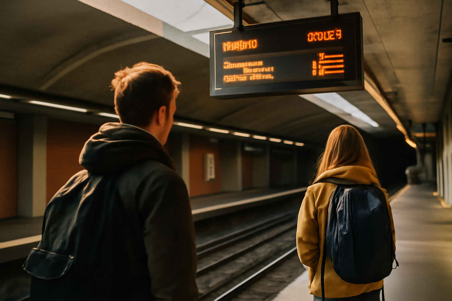 Horaires métro Toulouse affichés en station, voyageurs attendant le métro à 5 h 15