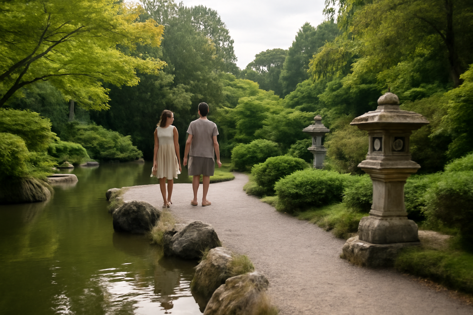Jardin japonais à Toulouse, bassin et rochers dans le parc de Compans-Caffarelli, lumière du matin