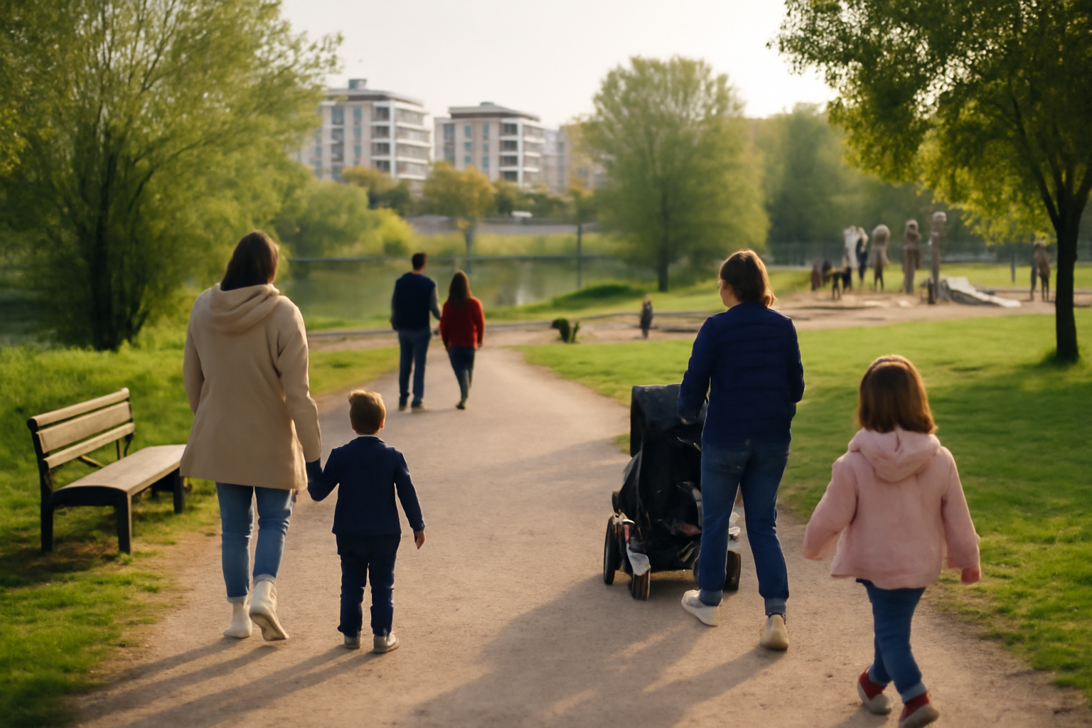 Balade dans les jardins du barry à Toulouse près du lac et des aires de jeux, lumière du matin