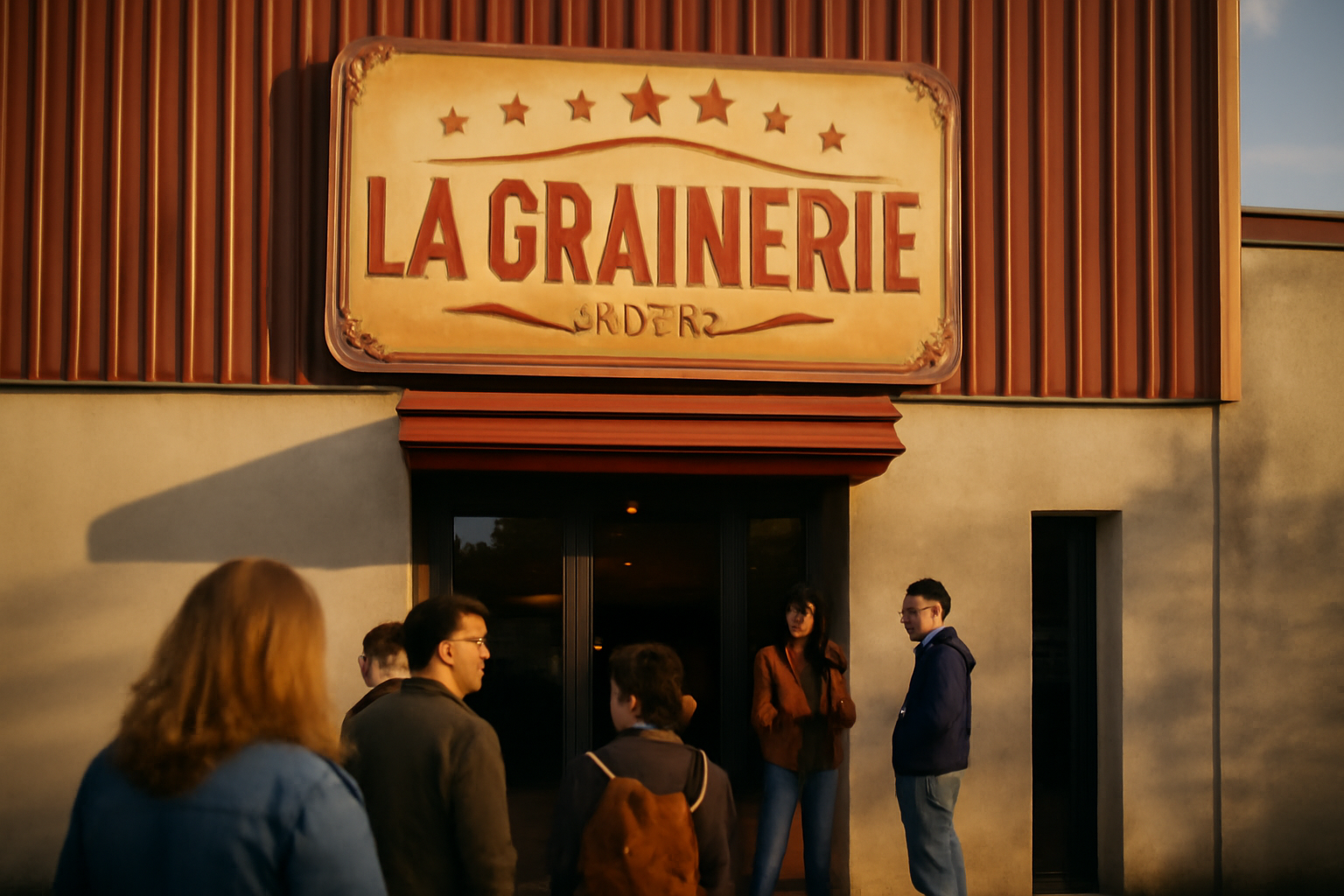 Façade de la grainerie à Balma, public arrivant en soirée, lumière douce, scène photo réaliste