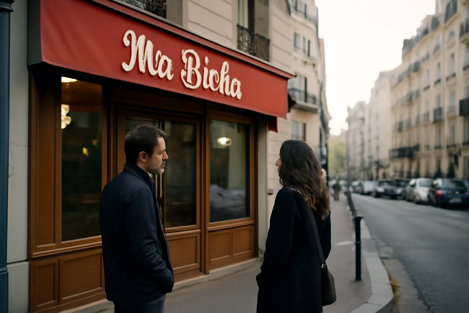 Façade d’un restaurant parisien « Ma Biche » dans le 18e arrondissement, terrasse et entrée avec signalétique, lumière de fin de matinée