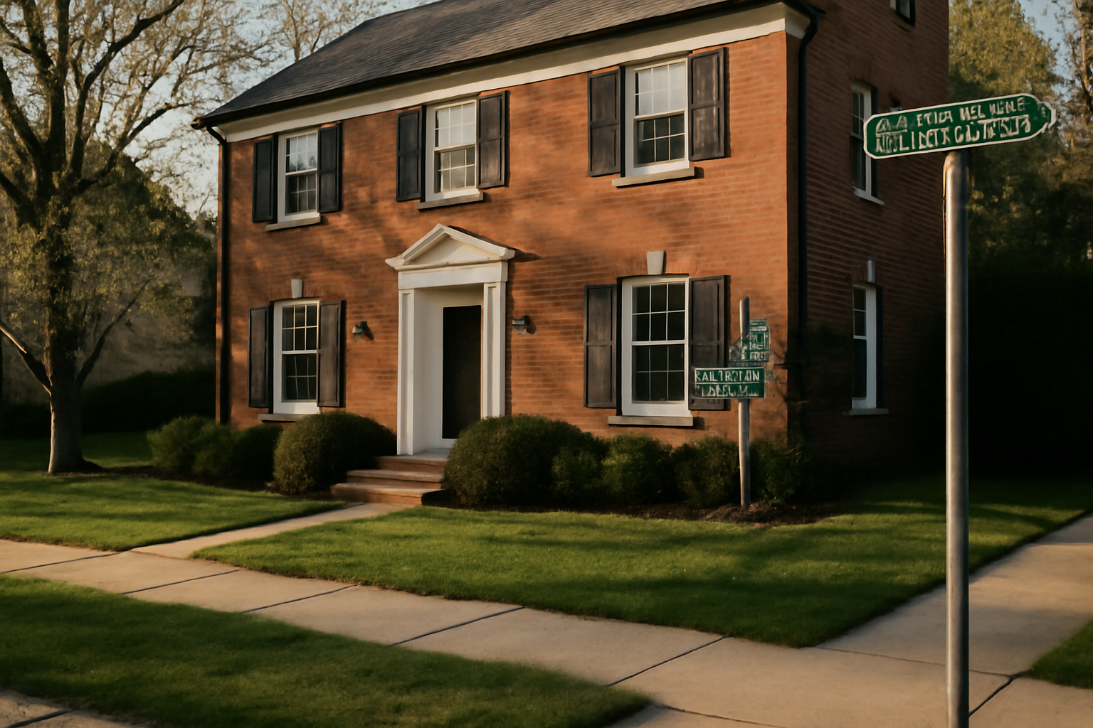 Maison géorgienne en briques rouges à 671 Lincoln Avenue à Winnetka, devant une rue résidentielle américaine