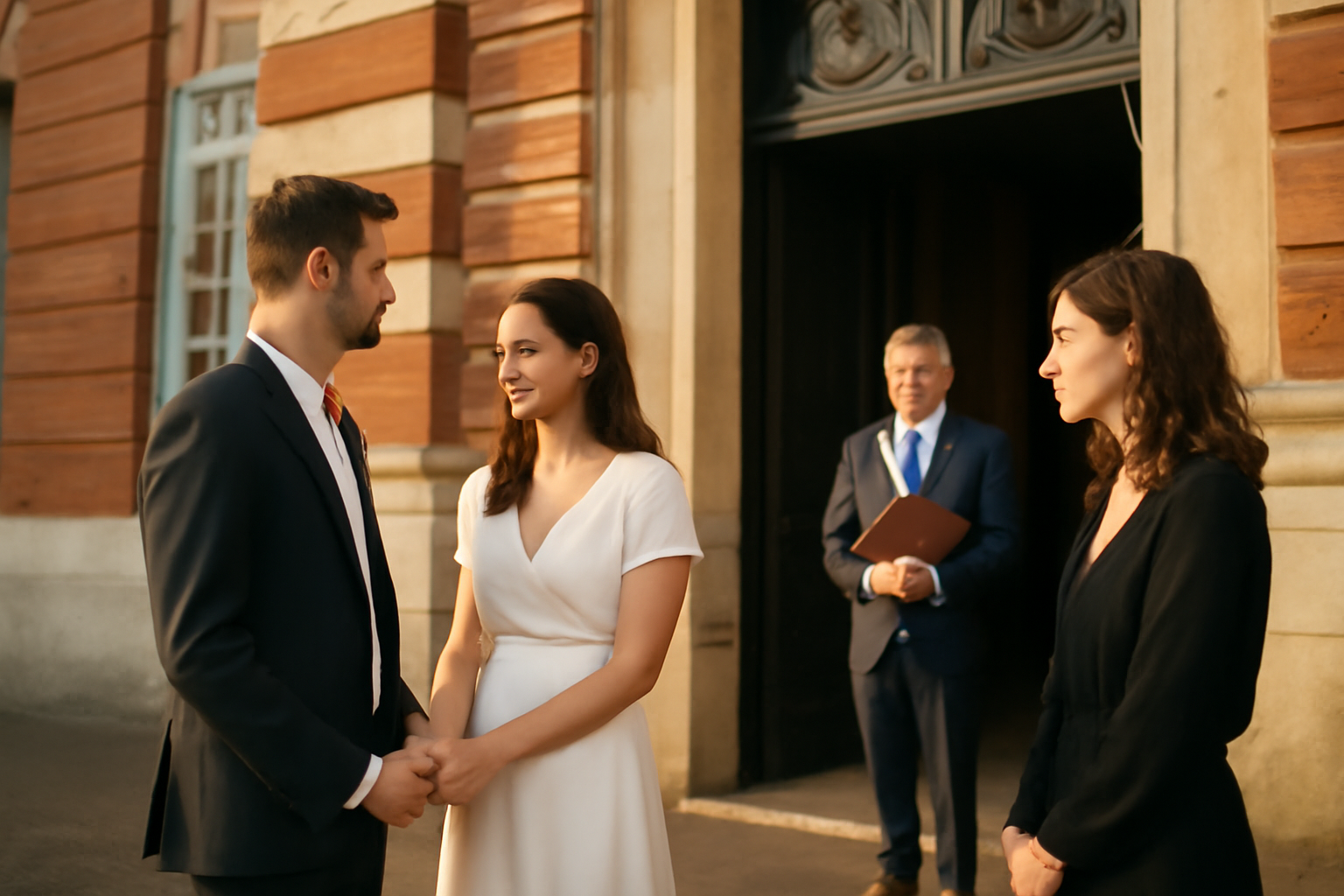 mariage à la mairie à Toulouse, couple et témoins devant la mairie, lumière de fin d’après-midi