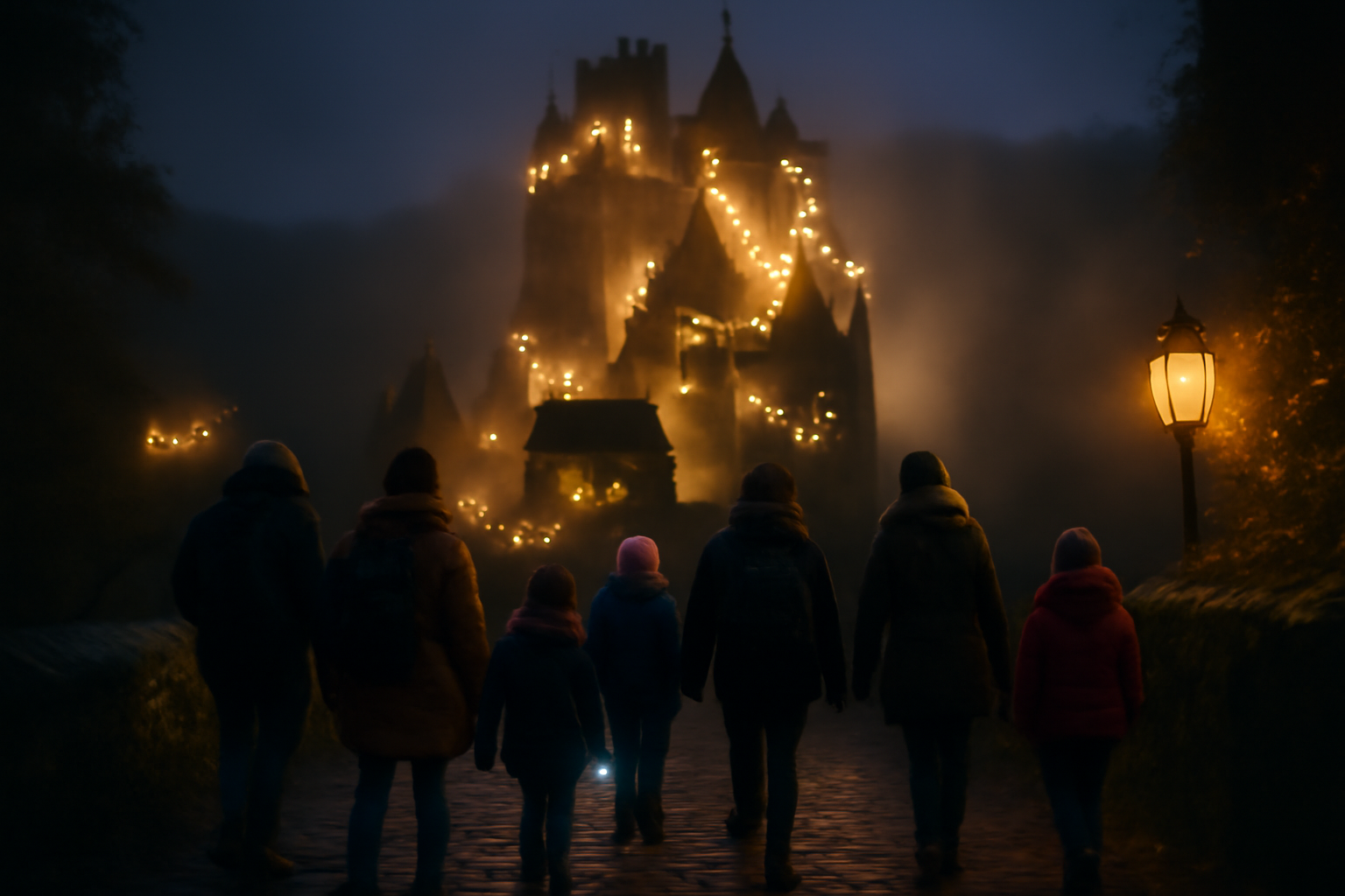 Visite nocturne de la nuit des châteaux 2025 devant un château illuminé en octobre près de Toulouse