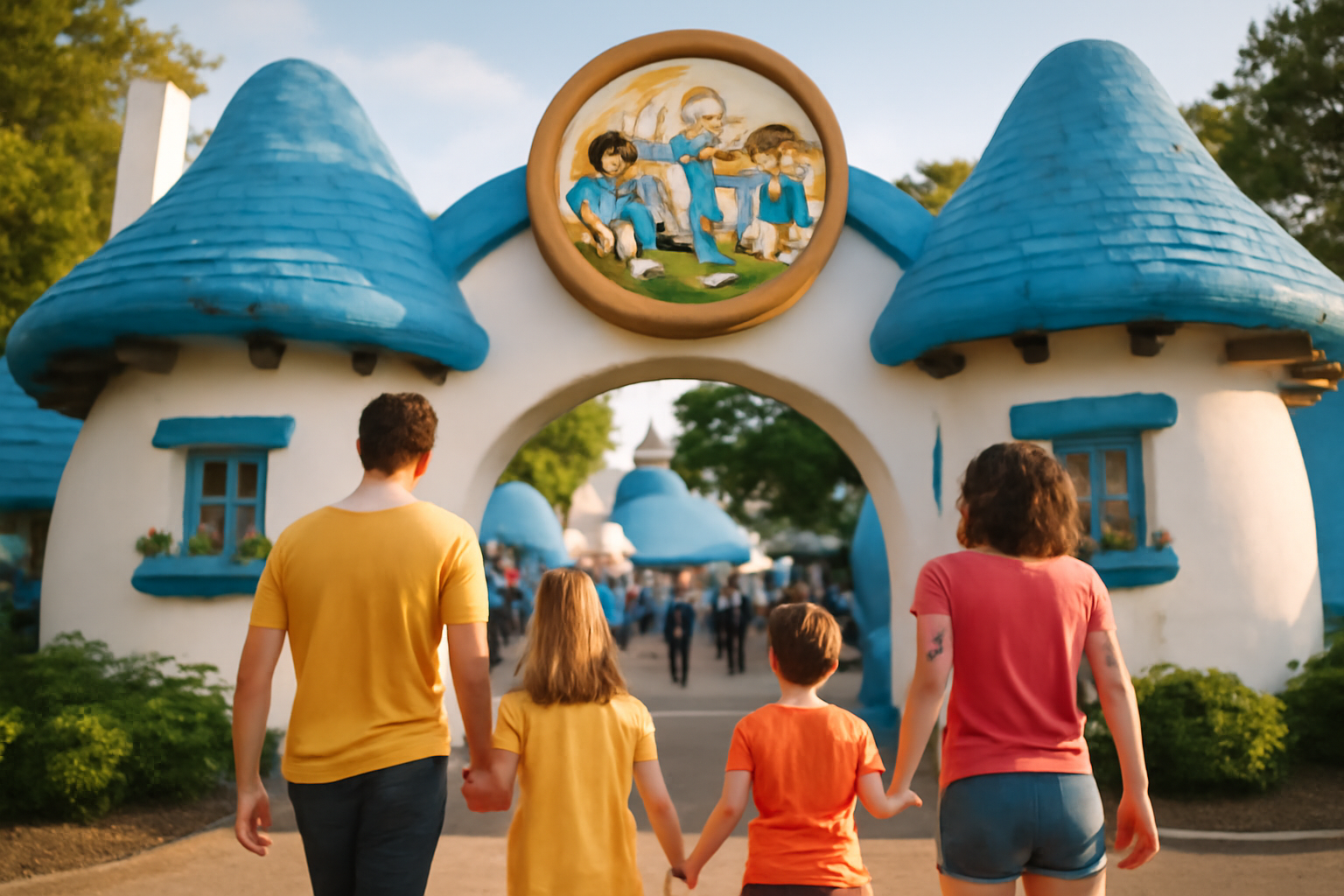 Parc des Schtroumpfs : visite en famille devant un décor thématique, lumière de journée