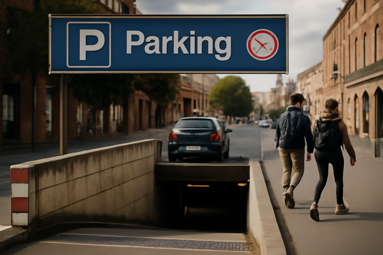 parking Victor Hugo à Toulouse, entrée de parking public en centre-ville, signalétique et véhicule à l’arrêt