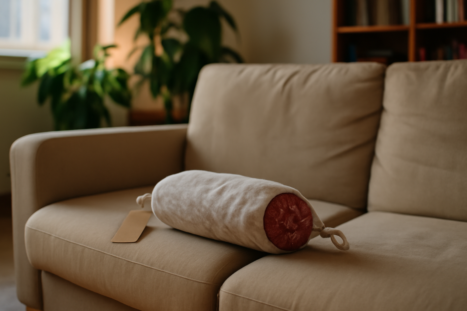 Peluche saucisson posée sur un canapé à Toulouse, lumière naturelle et étiquette visible