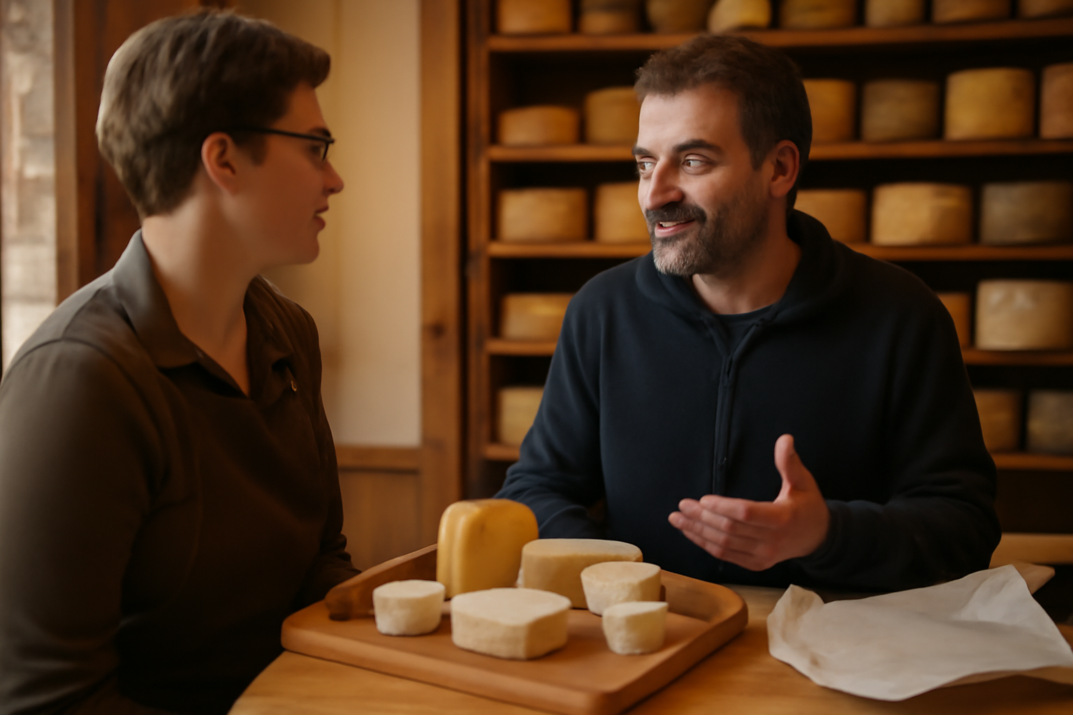 Plateau de fromages de saison à Toulouse, fromager et fromages sur une table en bois
