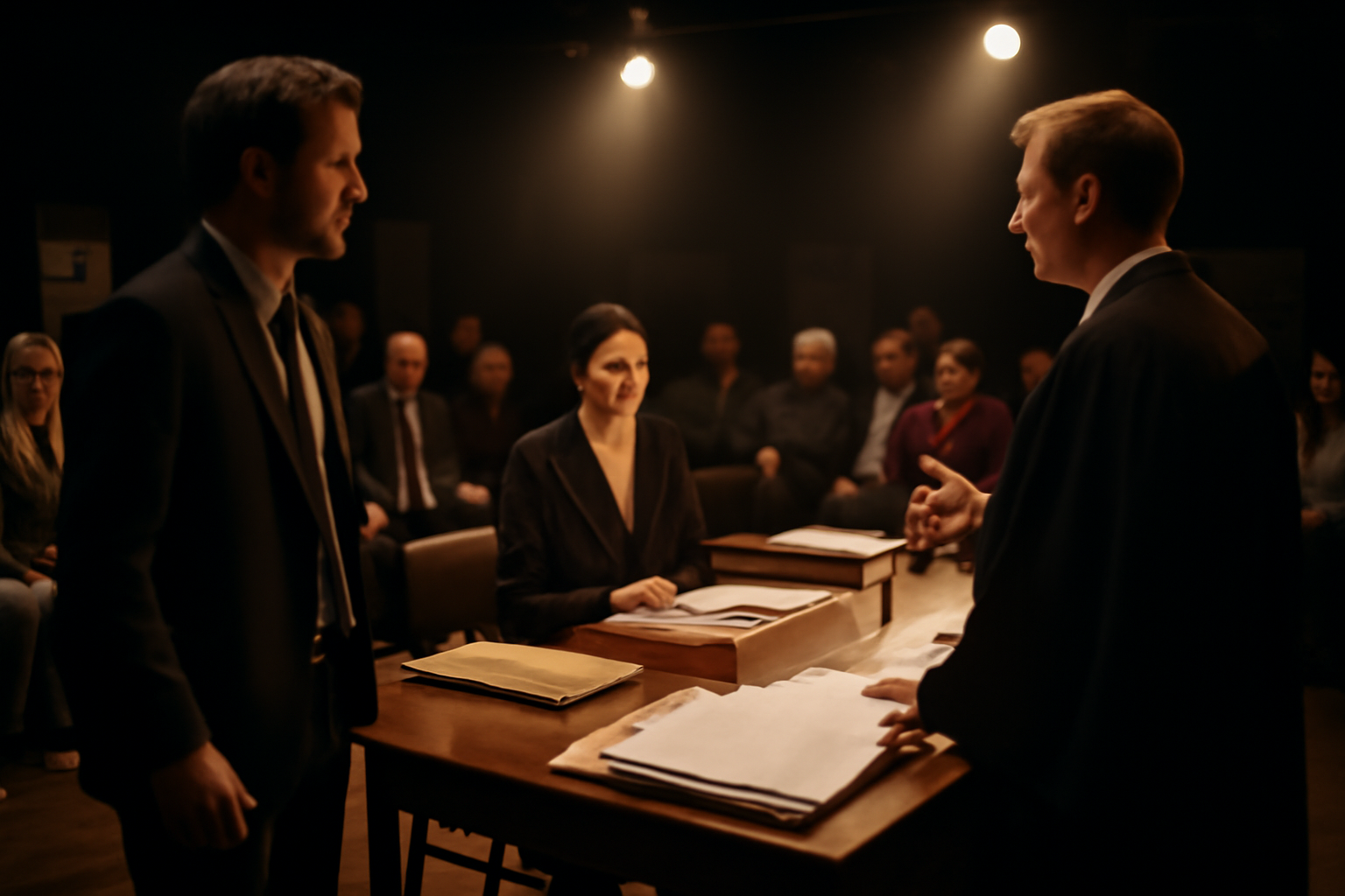 the jury experience avis : public en tribunal immersif, dossiers et lumière théâtrale dans une salle de spectacle