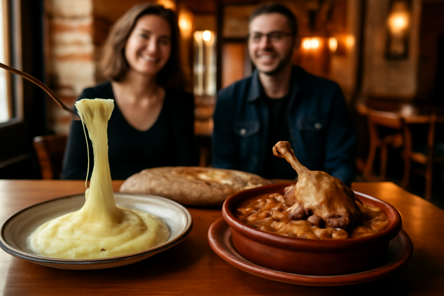 Aligot bar et cassoulet artisanal servis à Toulouse, table en bois et plats du Sud-Ouest, lumière de fin d’après-midi