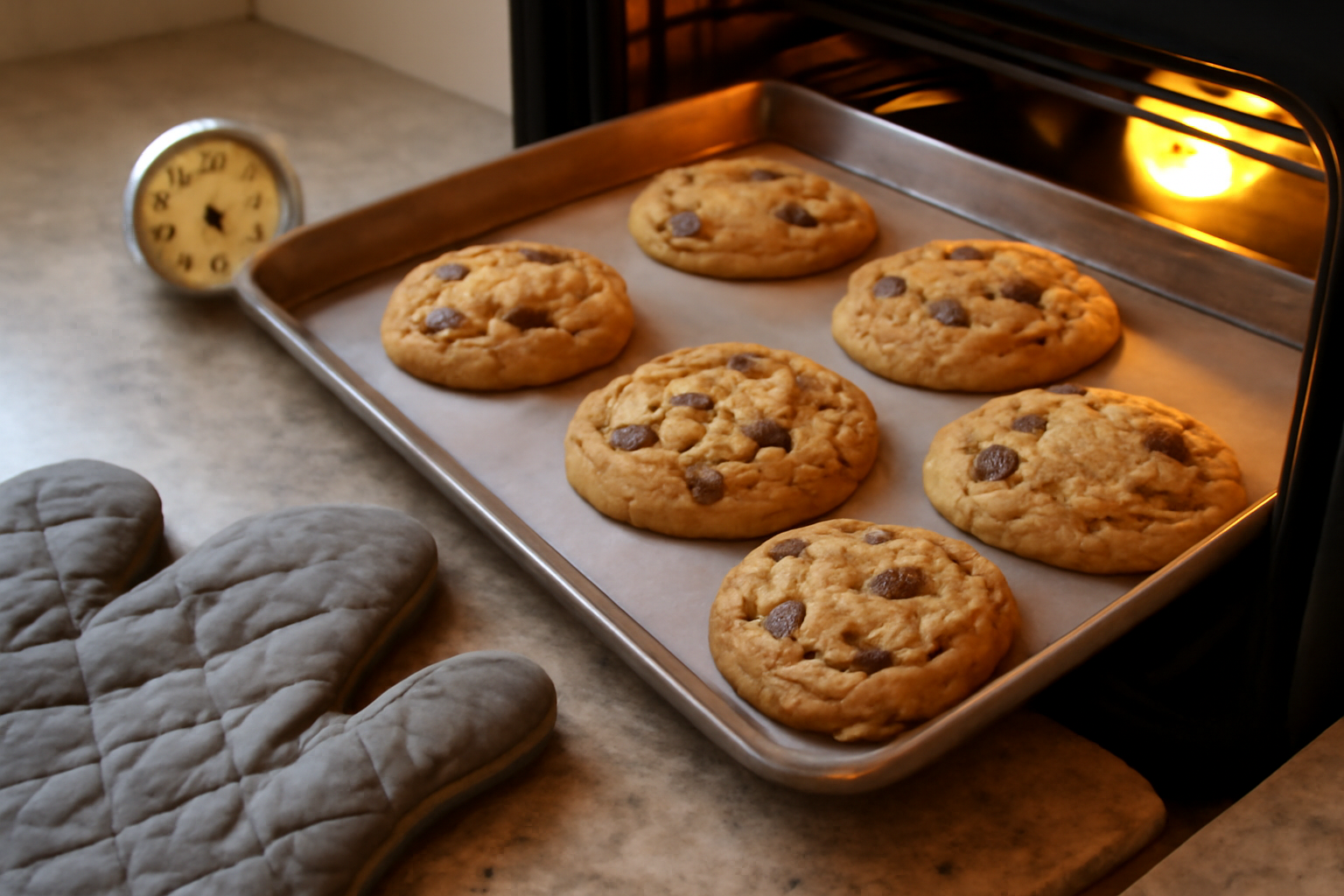 cuisson de cookies coeur coulant au chocolat sur plaque, bords dorés et centre encore tendre