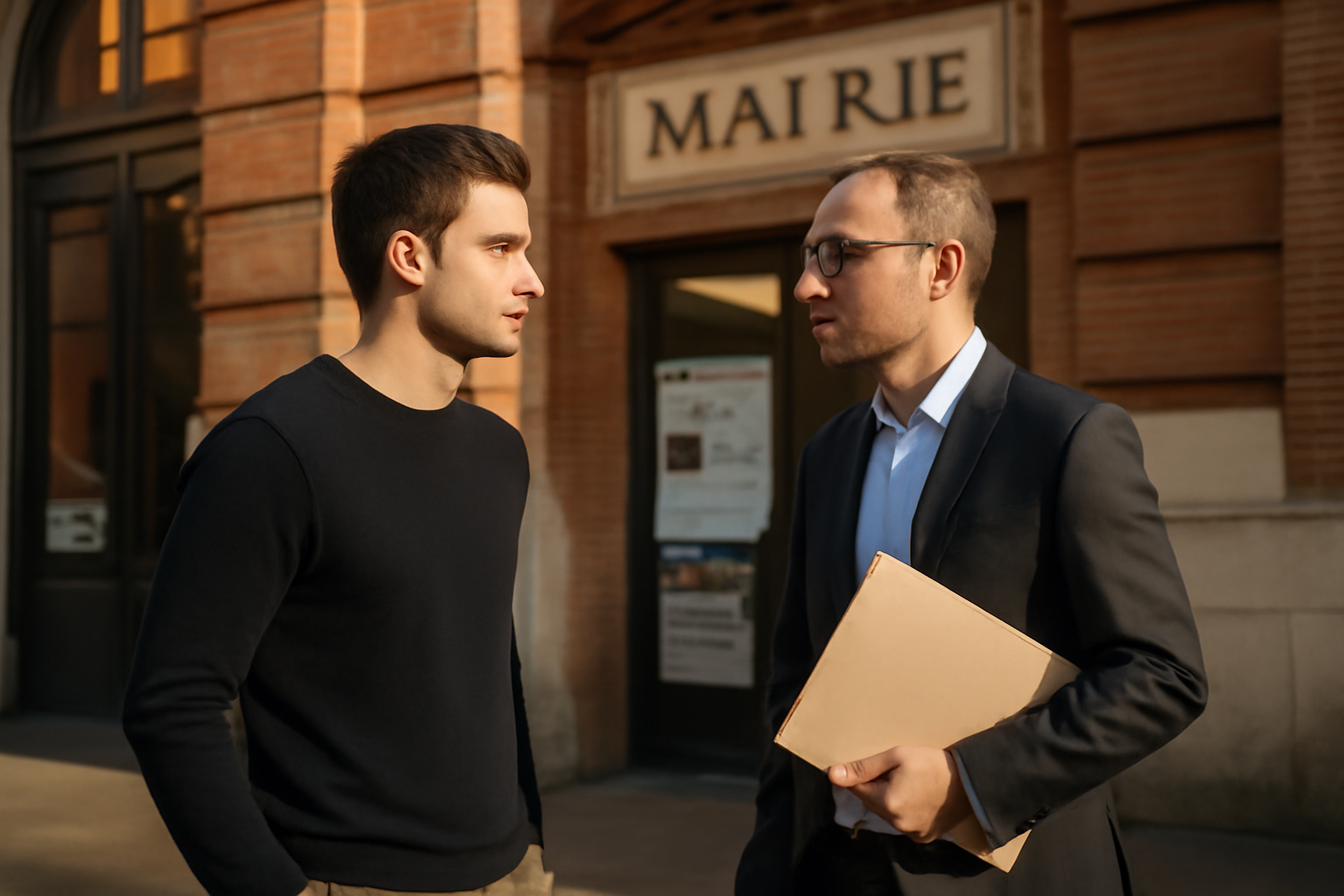 Recrutement police municipale à Toulouse : candidat et agent en réunion devant la mairie
