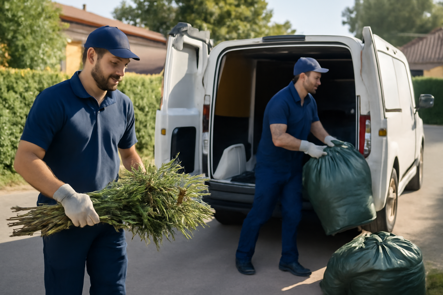 Enlèvement déchets verts à domicile à Toulouse : équipe chargant un tas de branches devant une maison