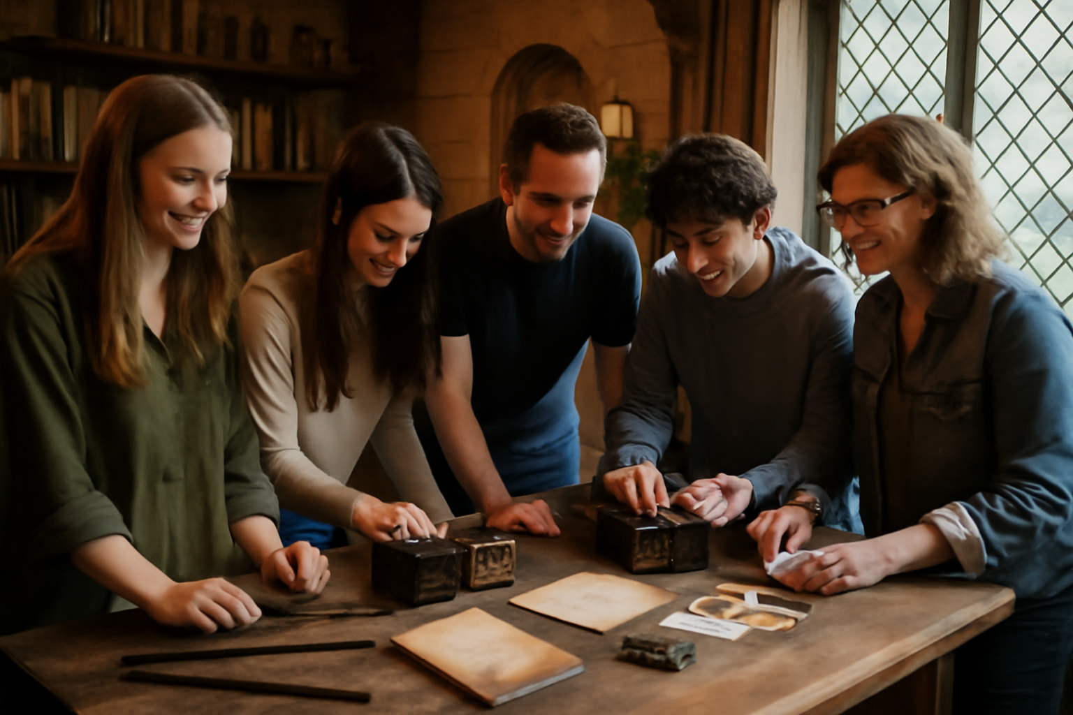 Escape game Harry Potter à Toulouse : équipe en salle de magie, lumière chaude et accessoires