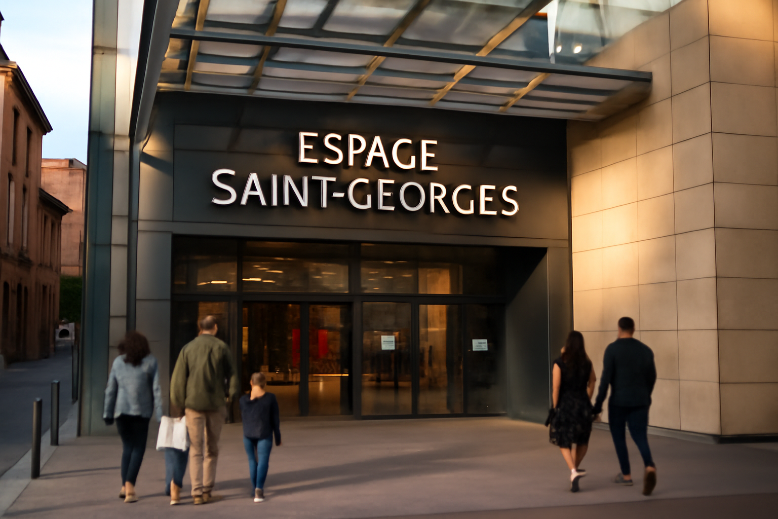 Entrée de l’espace saint georges à Toulouse, rue du Rempart Saint-Étienne, signalétique et passants