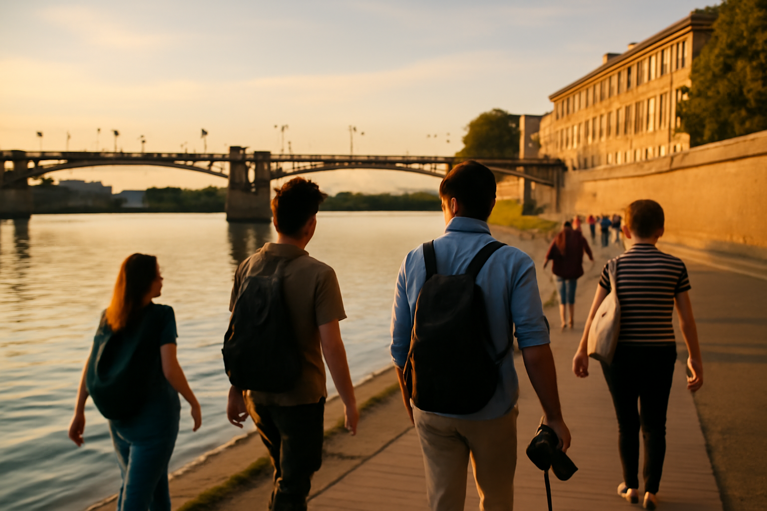 Balade sur les quais de Toulouse avec la Garonne, pont et reflets au coucher du soleil