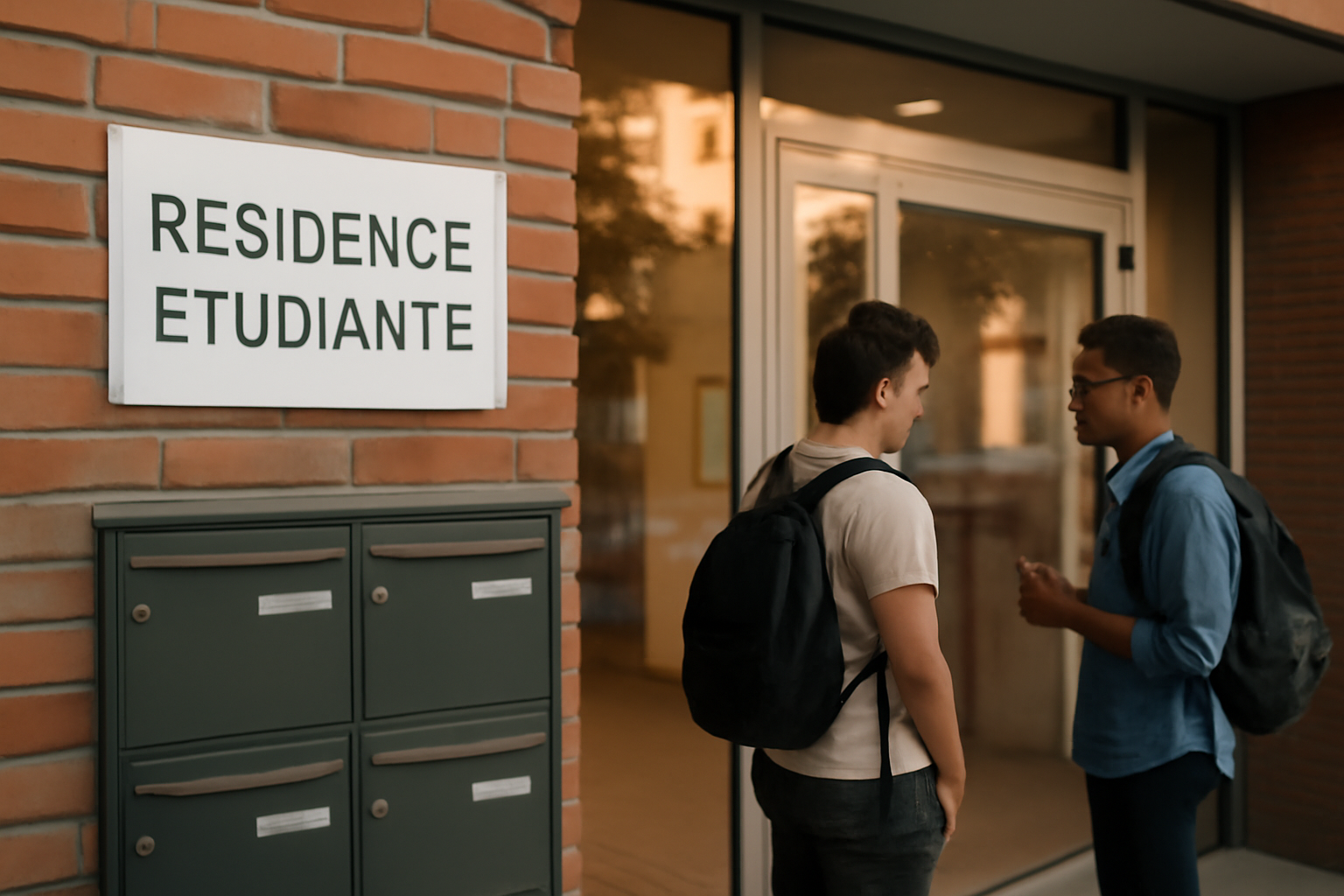 foyer à toulouse, entrée de résidence étudiante avec étudiants et panneau d’accueil