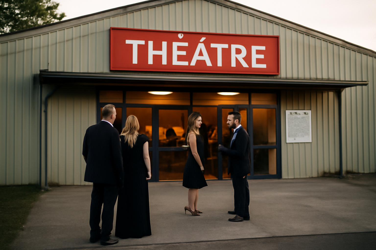 hangar théâtre à Toulouse, entrée de salle de spectacle avec public attendant sous une lumière douce
