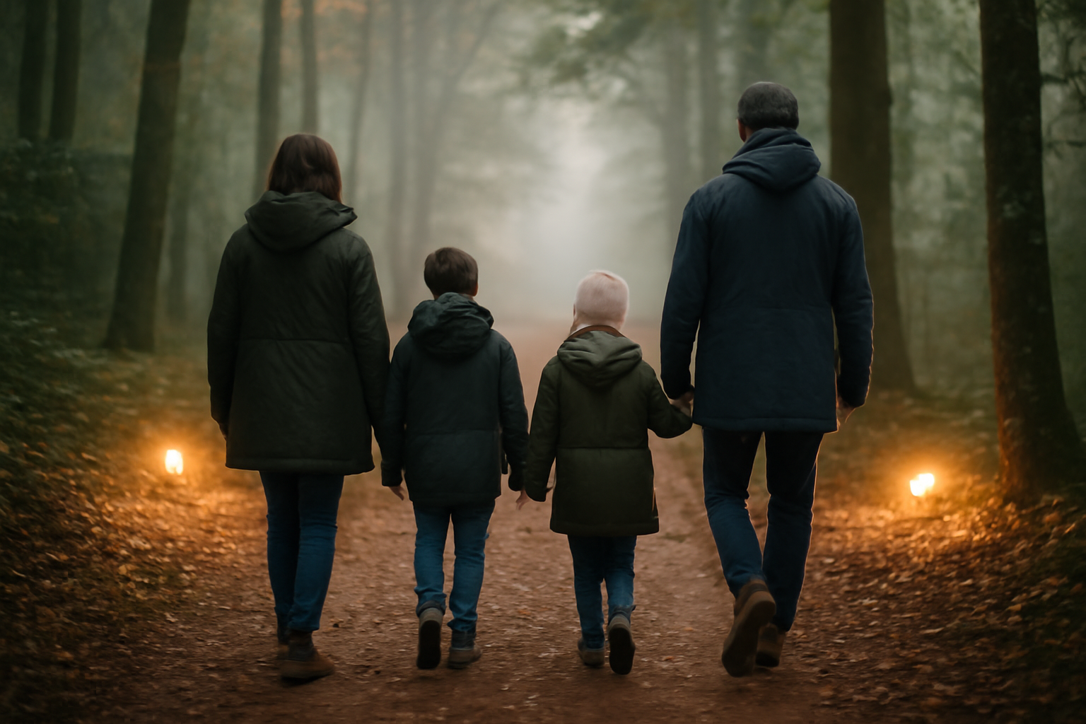 Visiteurs en tenue adaptée entrant dans une allée de forêt brumeuse inspirée de la Forêt Interdite, ambiance immersive en Occitanie