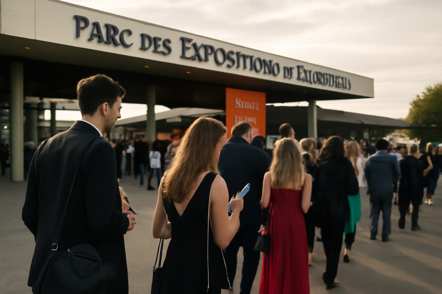 Entrée du Parc des Expositions de Bordeaux pour hypnotize bordeaux, public et signalétique en soirée