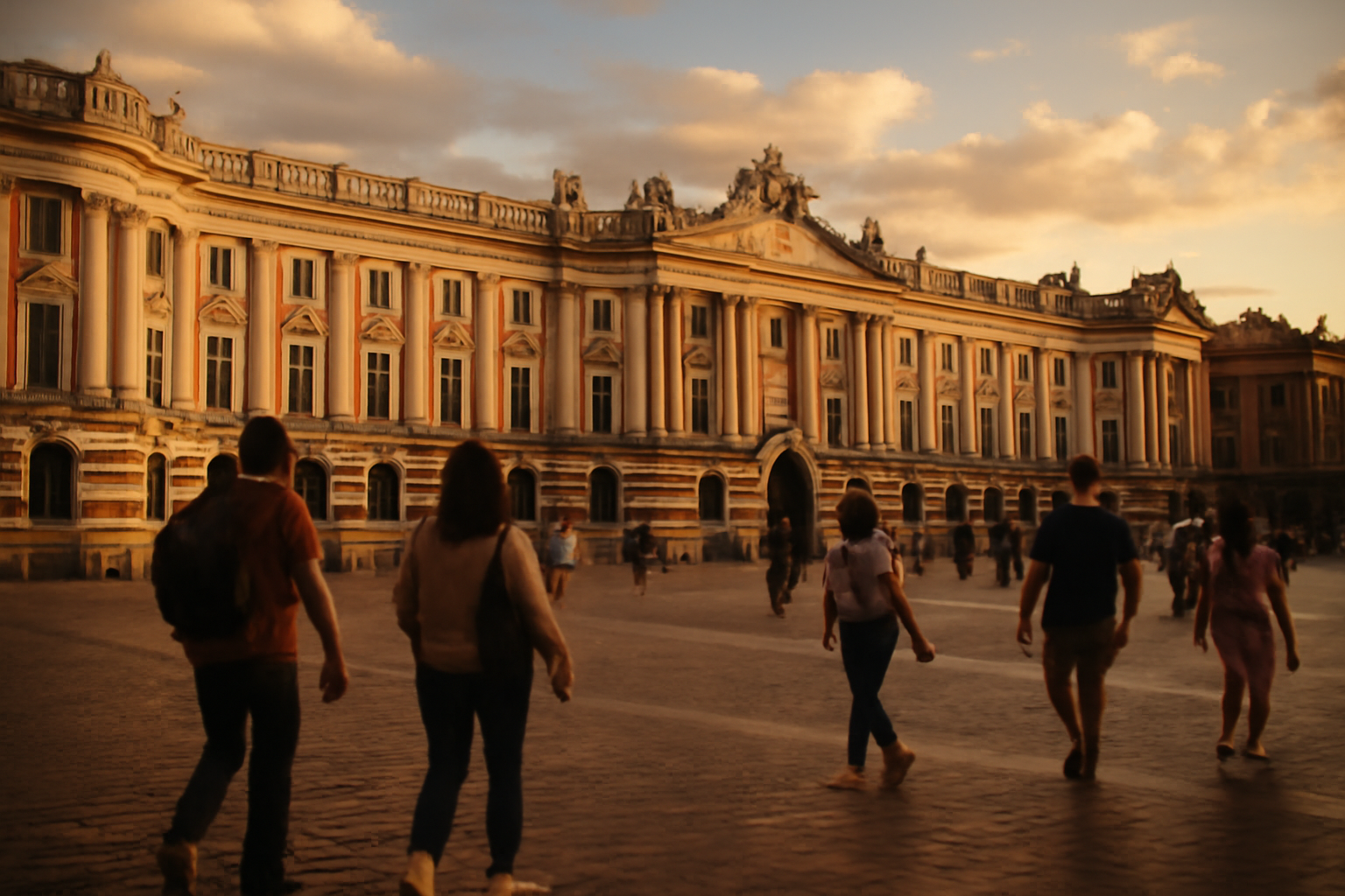 image Toulouse : vue du Capitole au coucher du soleil, reflets sur la pierre rosée