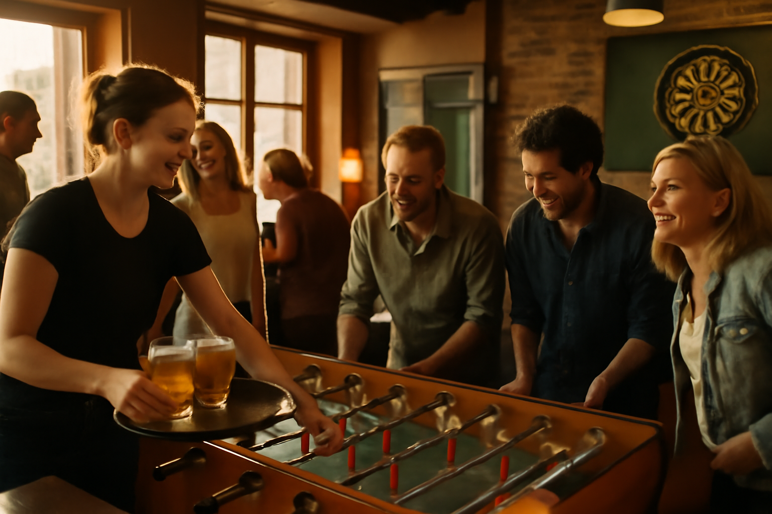 Jeu dans un bar à Toulouse : fléchettes et baby-foot sur une table en bois, clients souriants, lumière du soir