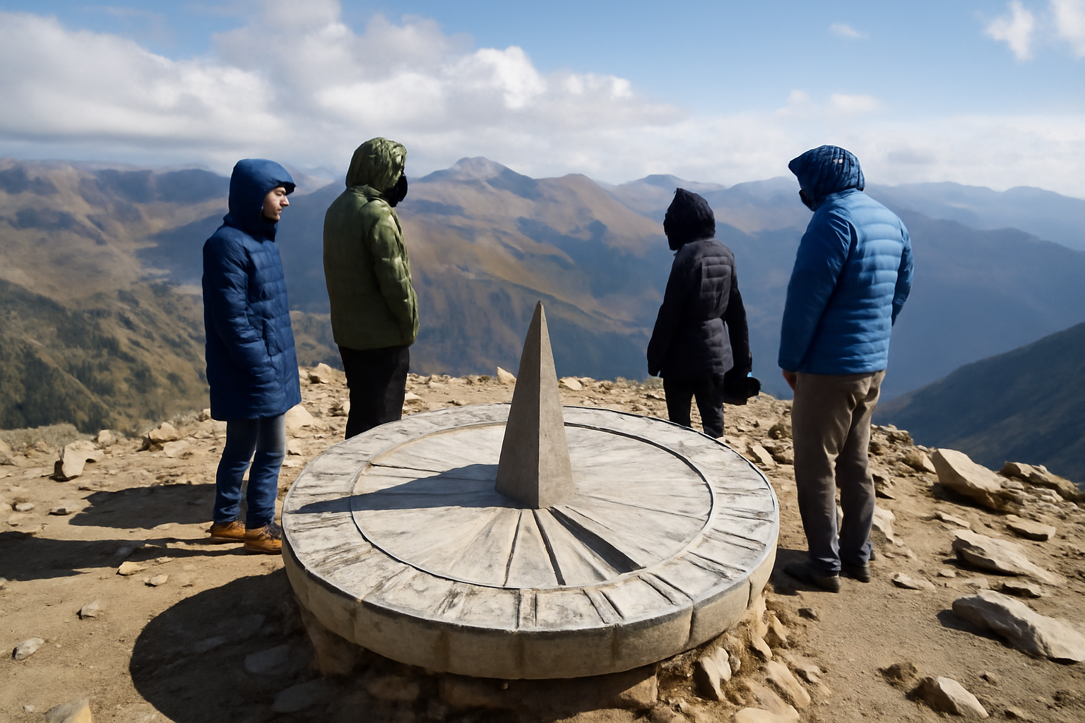 Mirador solaire de Tristaina au sommet du pic de Peyreguils, horloge solaire et panorama des Pyrénées, lumière du milieu de journée
