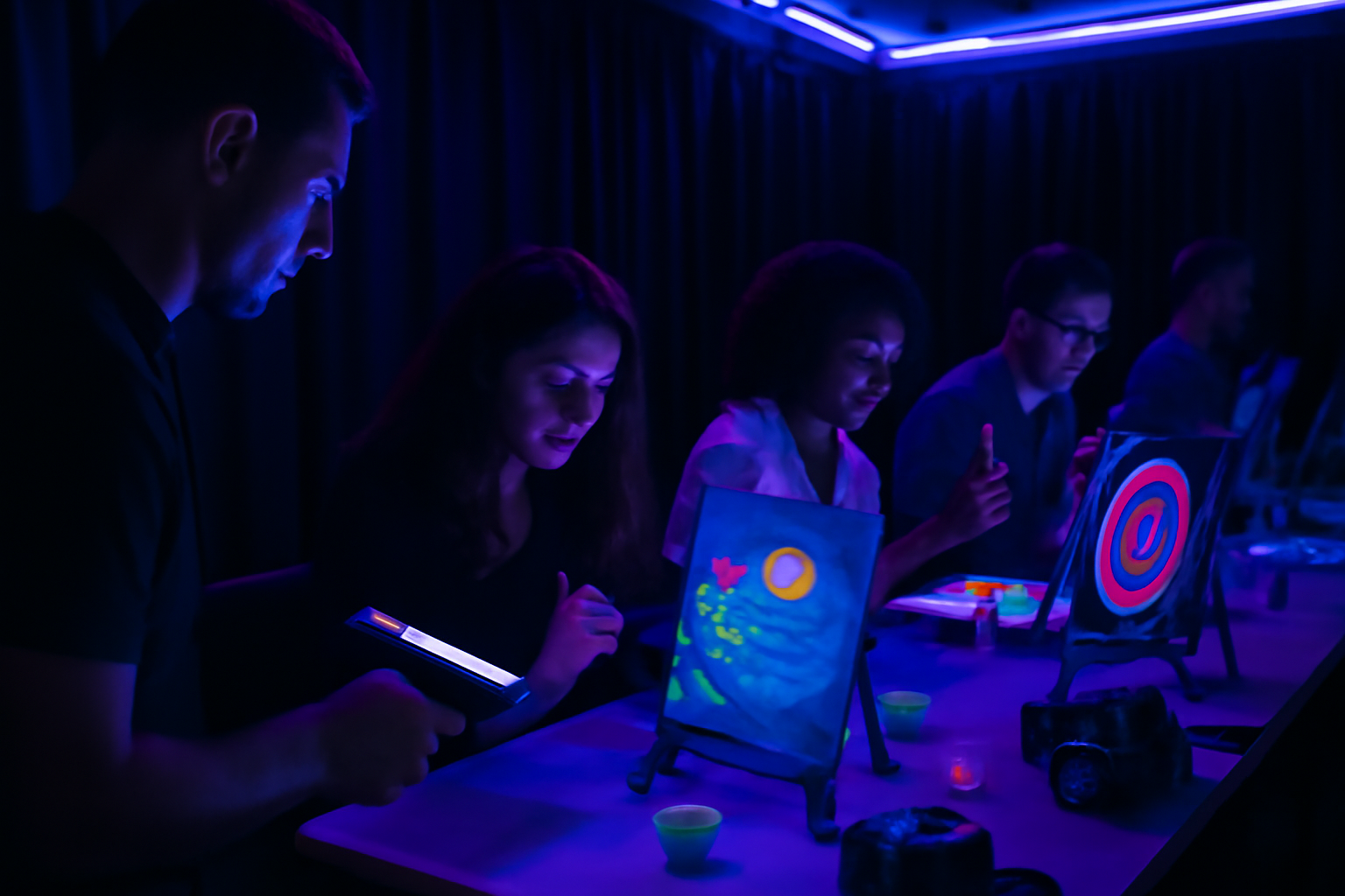 Atelier neon brush à Paris : personnes peignant sous lumières UV dans le noir