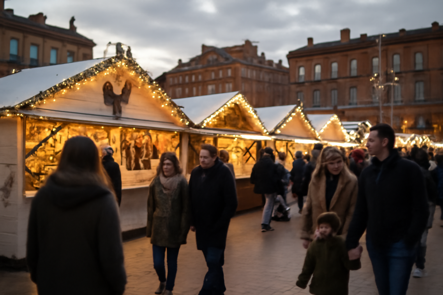 Marché de Noël à Toulouse sous les illuminations, stands artisanaux et foule en fin d’après-midi