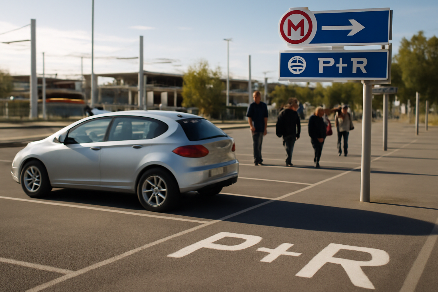parking relais Toulouse près d’une station Tisséo, voiture garée et cheminement piéton vers un arrêt