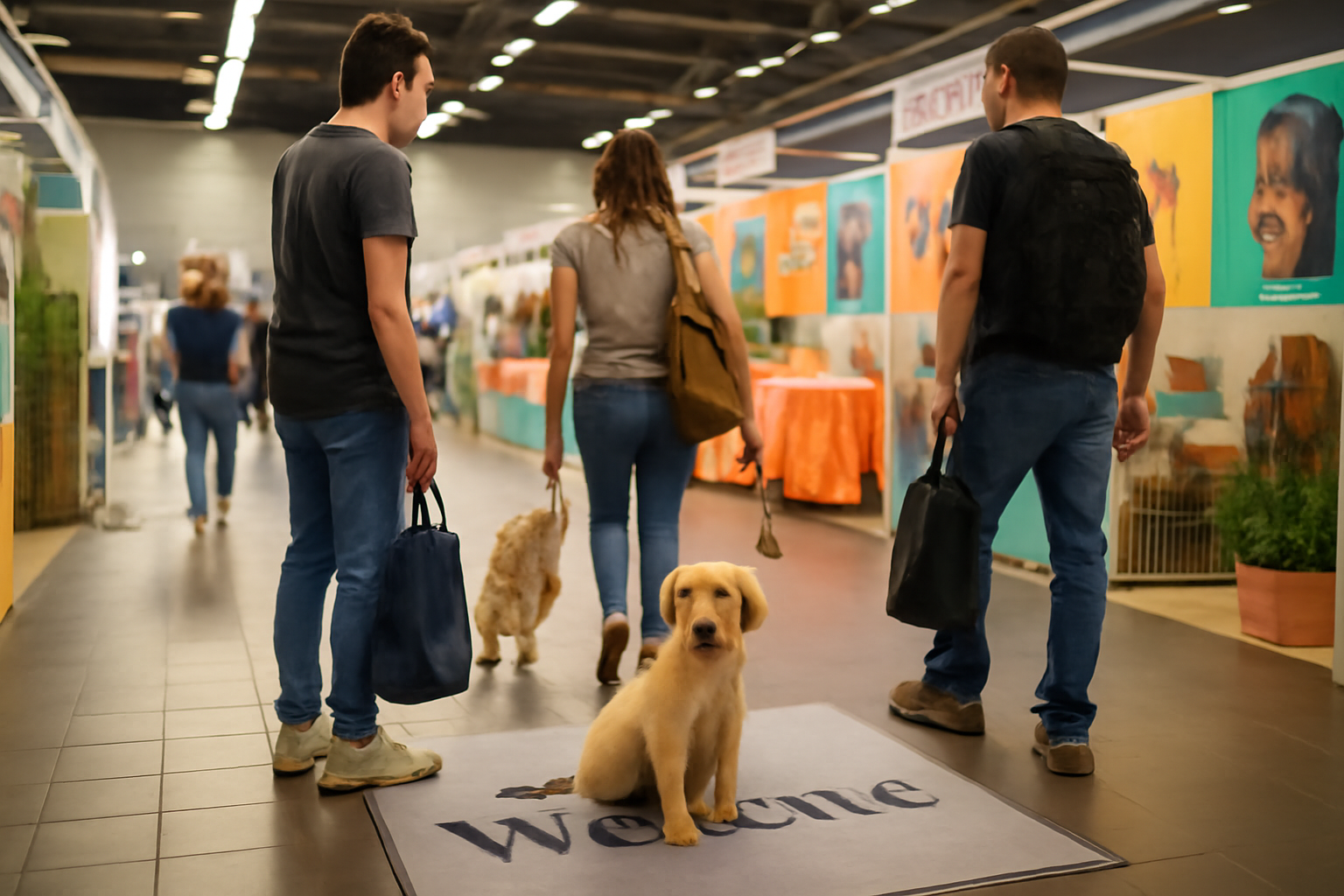 Salon du chiot 2025 en Occitanie : visiteurs devant des stands d’éleveurs dans un hall d’exposition