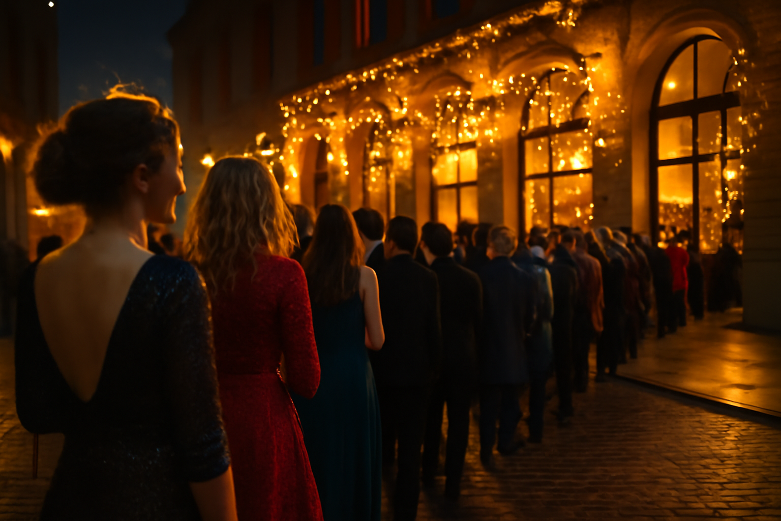 Soiree nouvel an à Toulouse, foule festive devant une salle de spectacle le 31 décembre